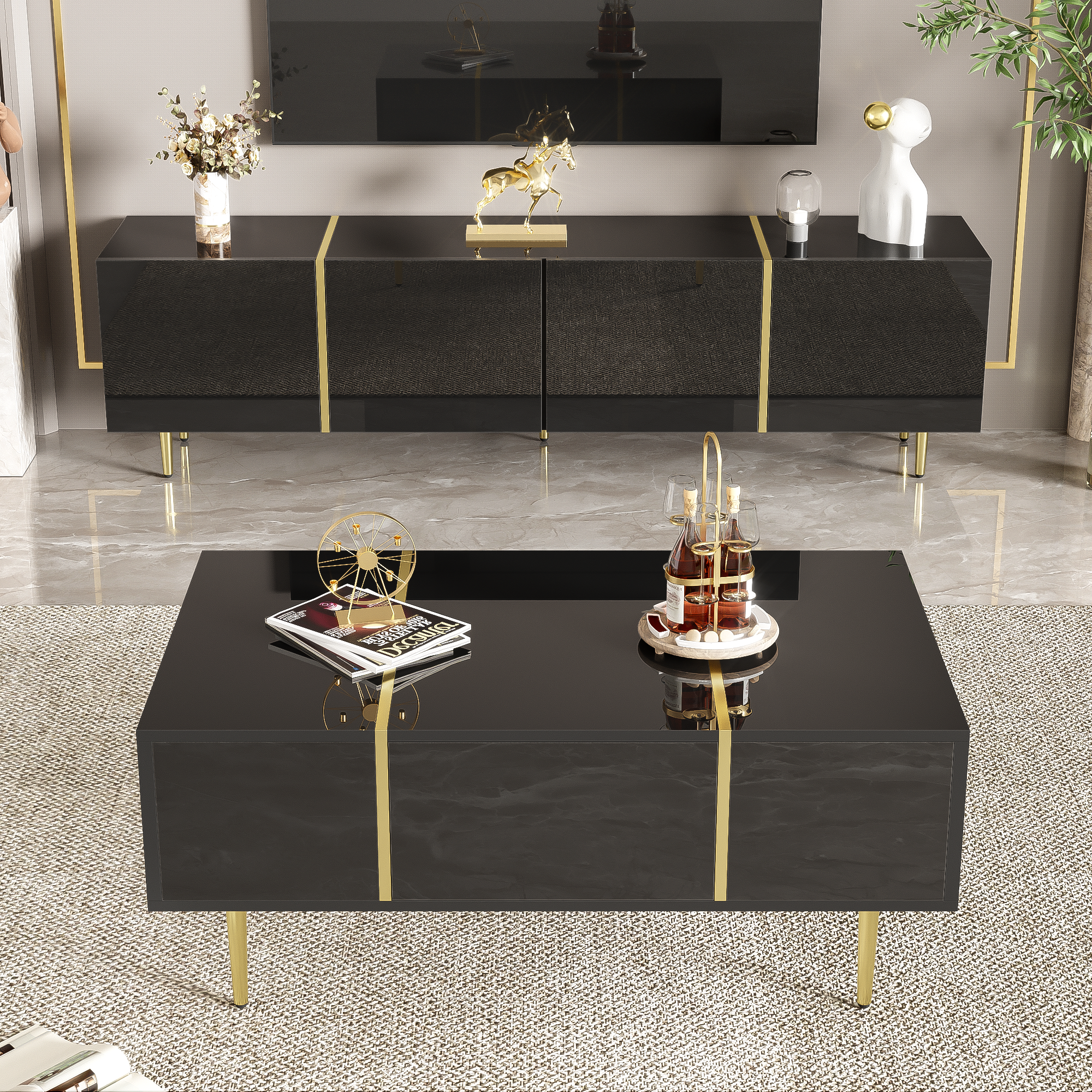 TV Cabinet and Coffee Table Set, High Gloss, Black