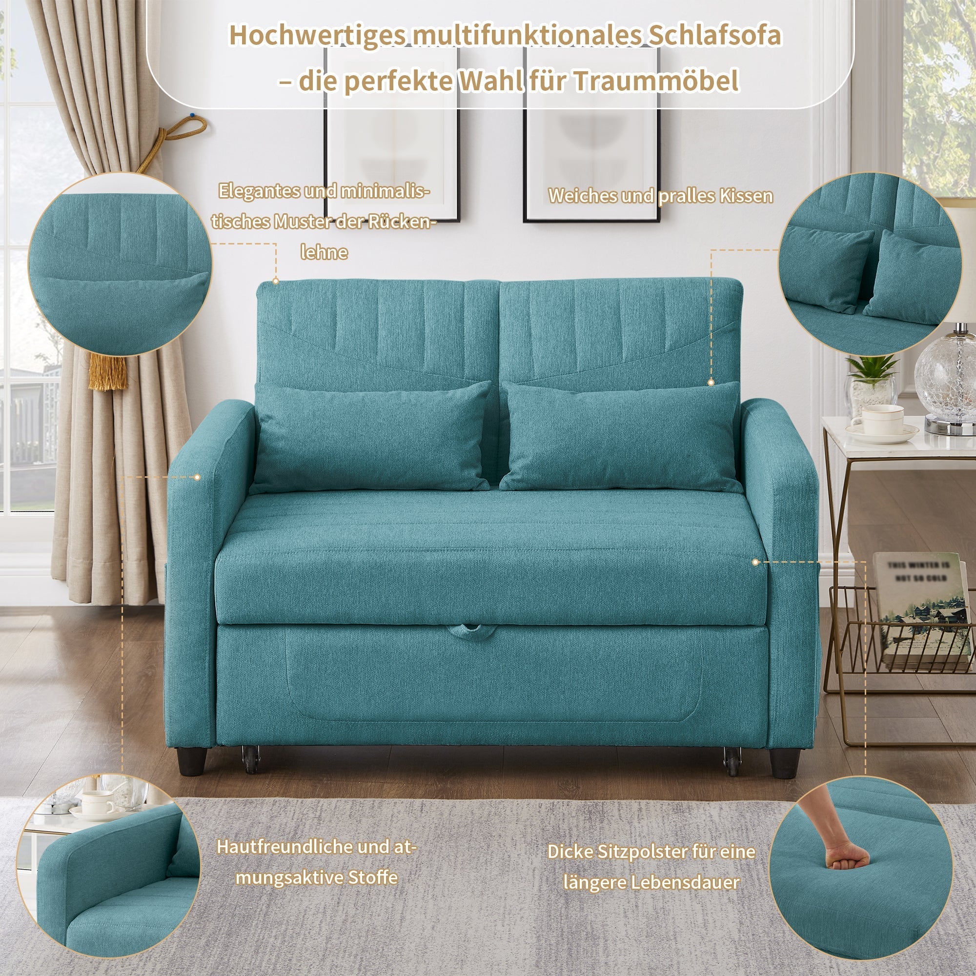 Sofa Bed, Two-Seater Folding Extendable, Three-Level Adjustable Backrest, Cotton Linen Fabric