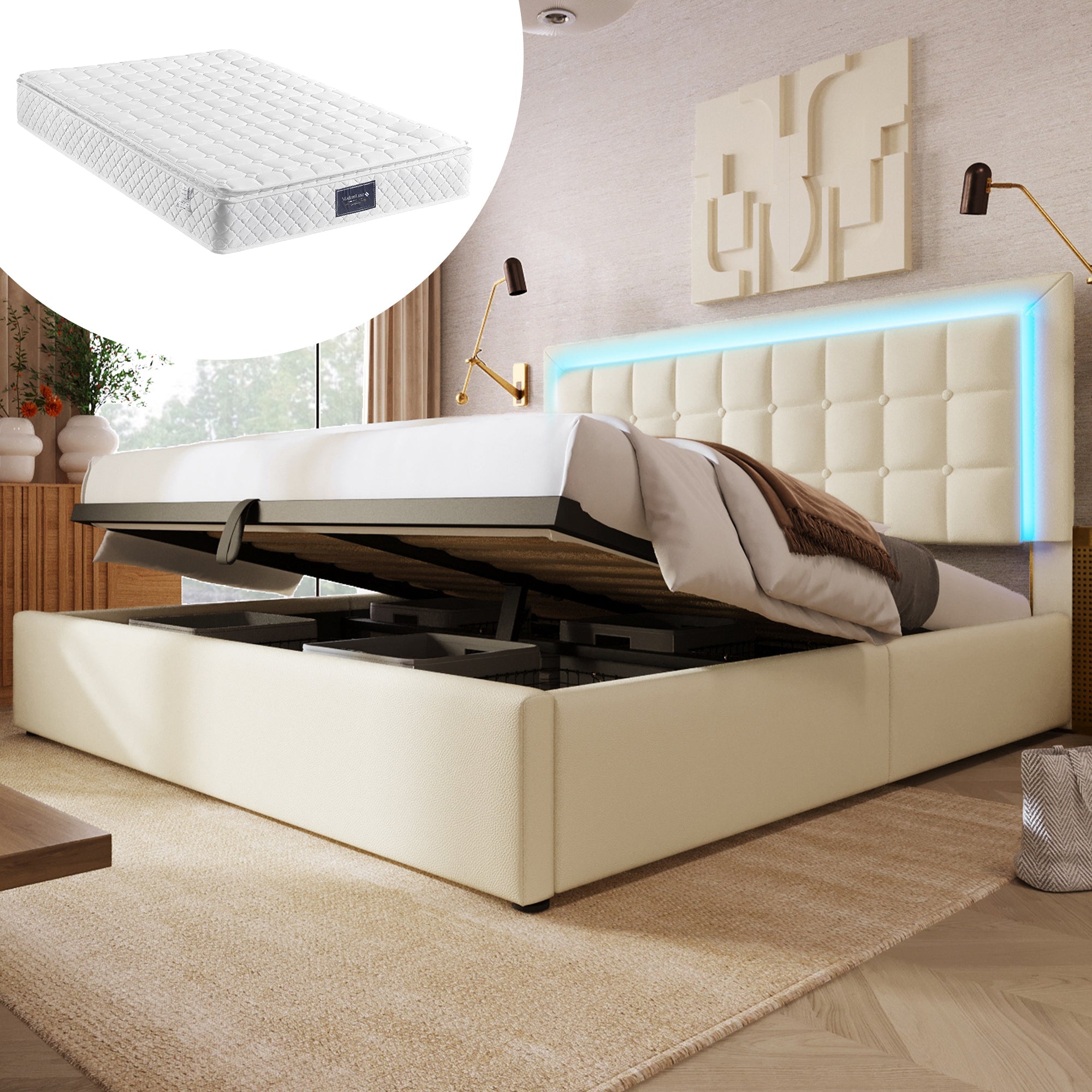 Upholstered Bed with Storage, LED Lighting and Mattress, 140x200cm, White Faux Leather