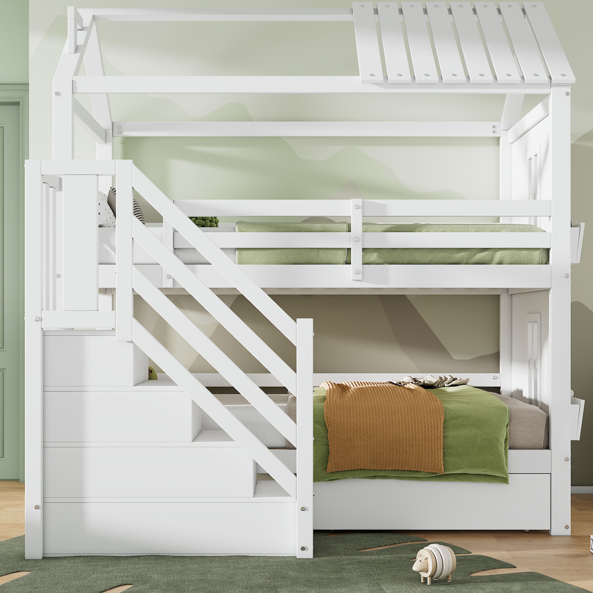 Children's Bunk Bed 90x200cm Multifunctional with Storage Stairs Drawers & Shelves Pine MDF White