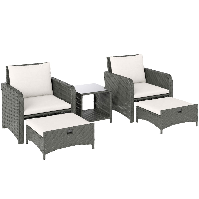 Five Piece Rattan Garden Furniture Set with 2-Tier Coffee Table and Ottomans Cream White