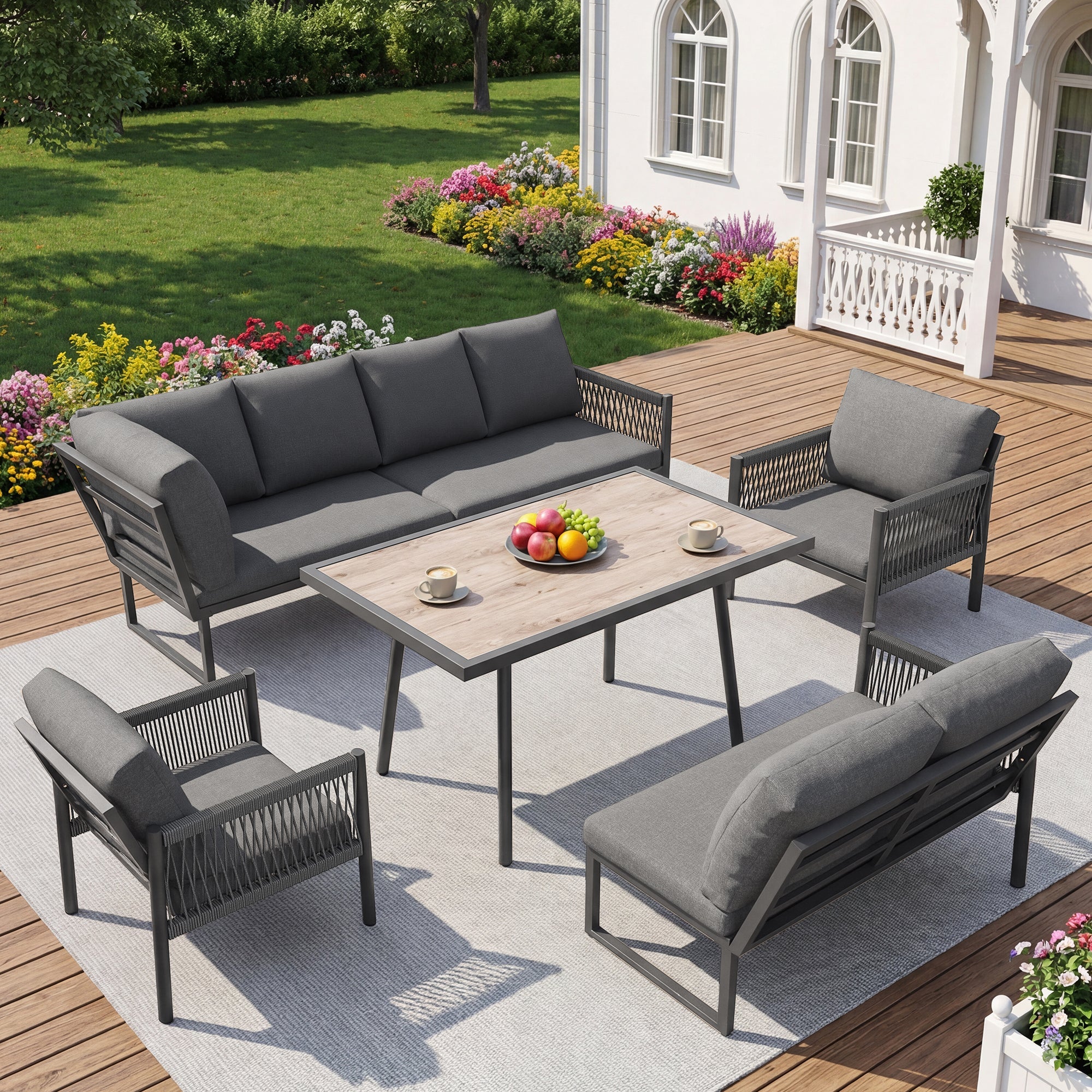 L-Shaped Garden Lounge Seating Group with Table and 2 Armchairs, Seats 7-8, Grey