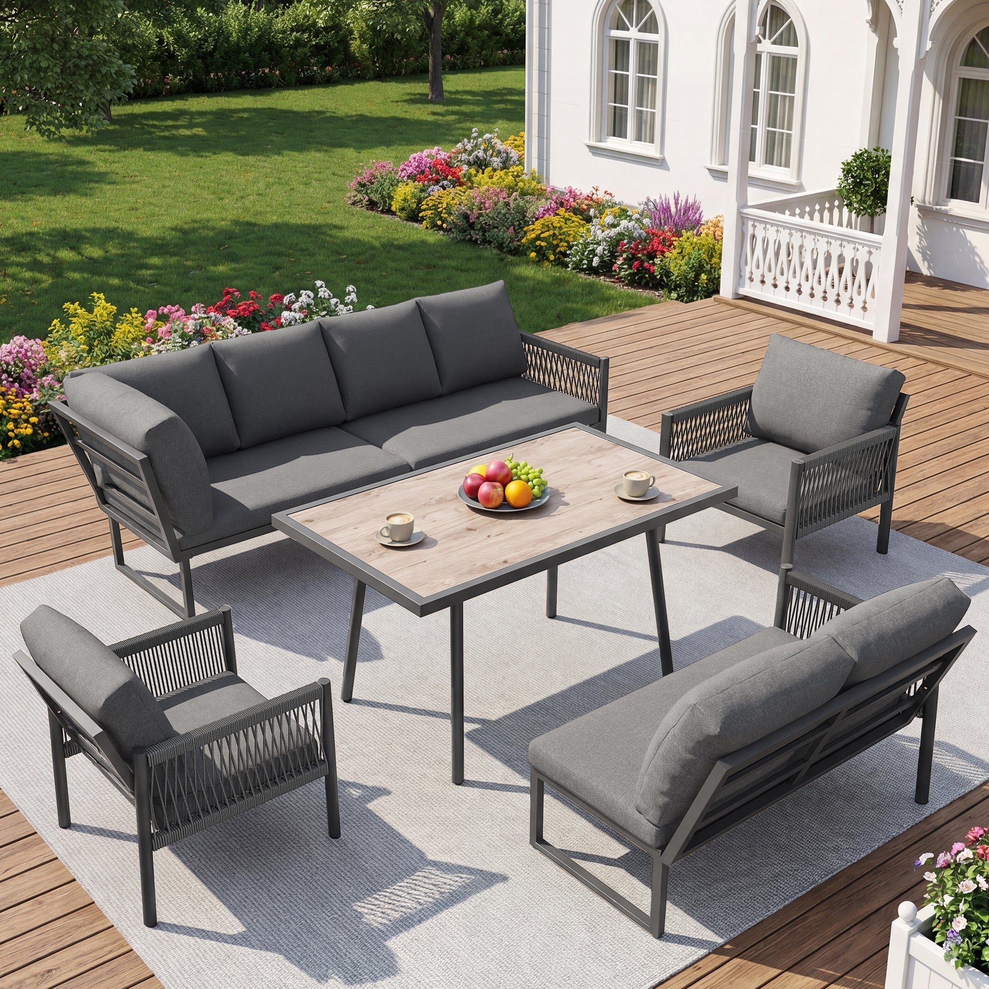 L-Shaped Garden Lounge Seating Group with Table and 2 Armchairs, Seats 7-8, Grey