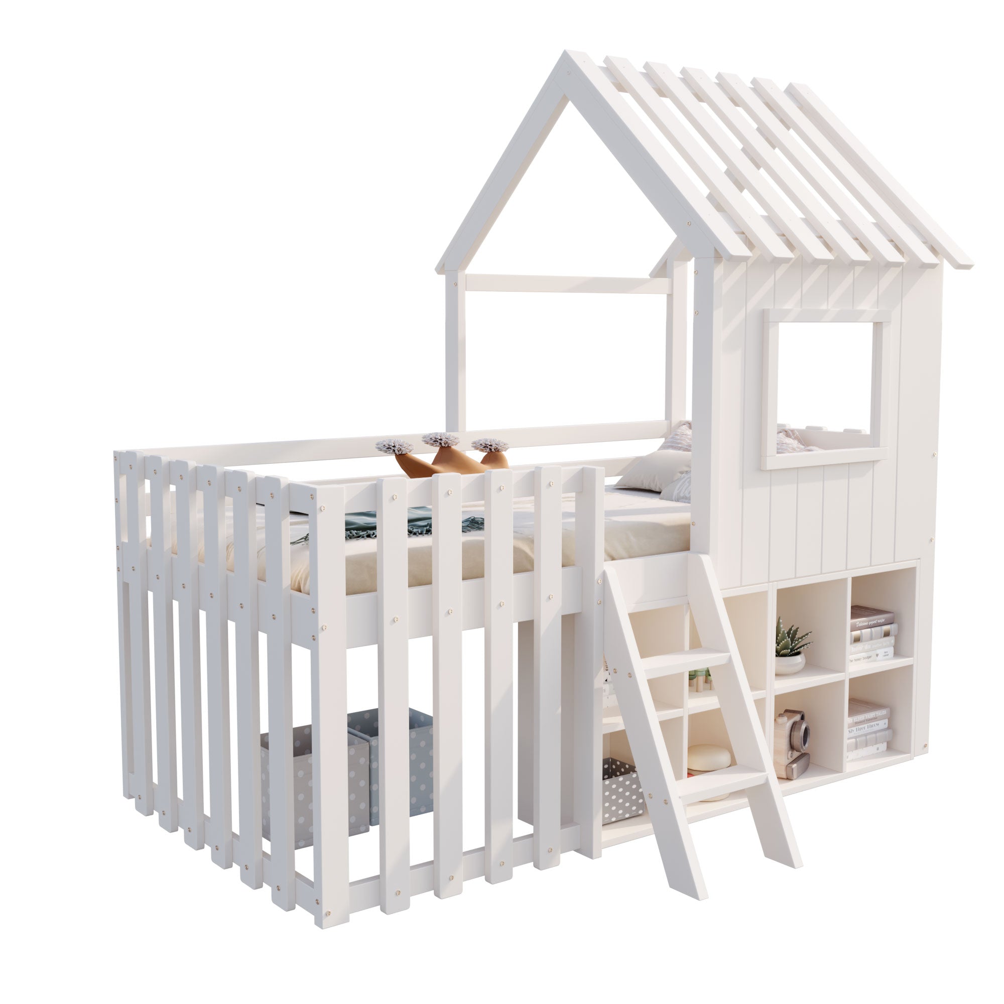 Children's House Bed 90x200, Roof & Window, Ladder, Solid Wood White