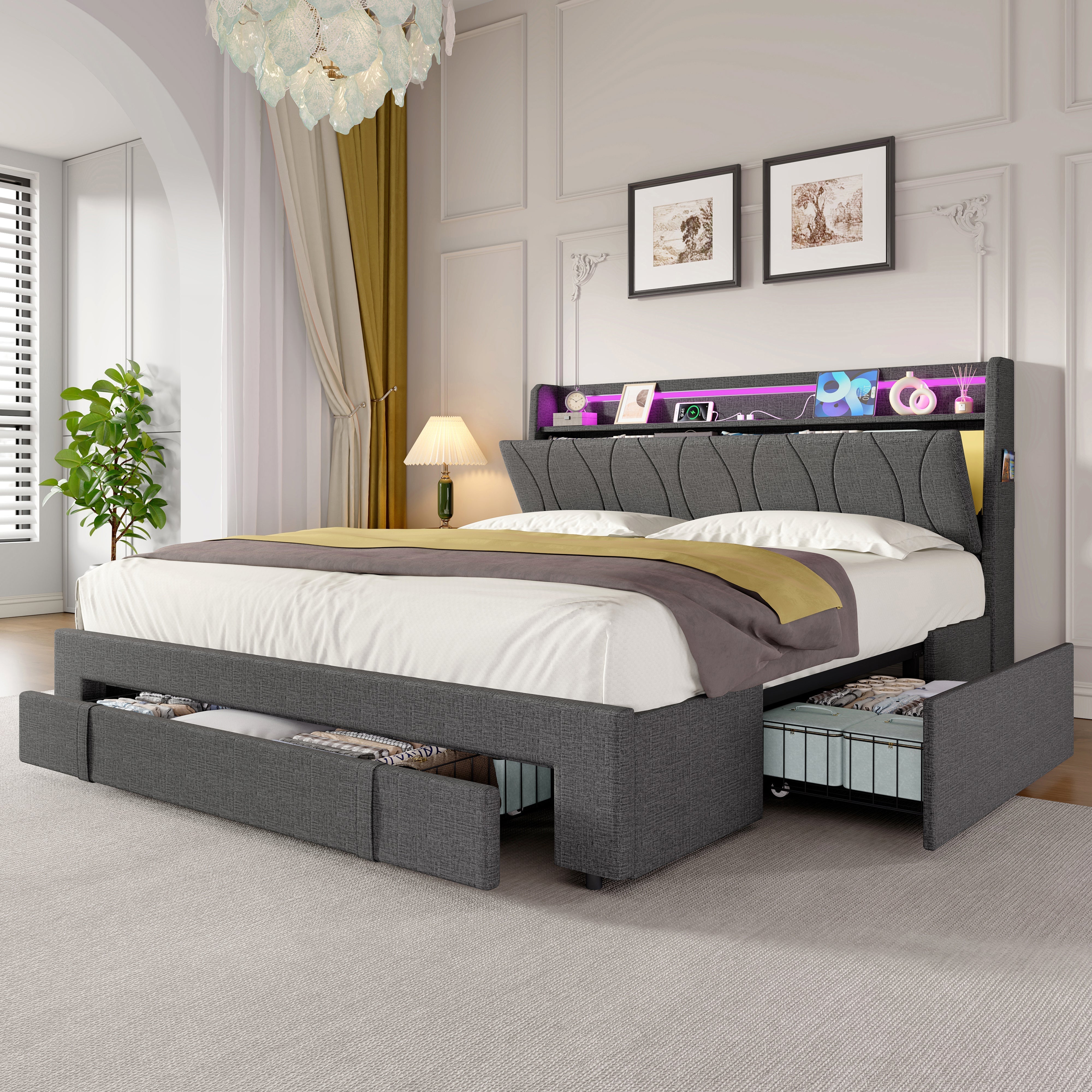 4ft6 Double Upholstered Bed, 3 Storage Drawers LED Headboard Charging Station, Linen Grey