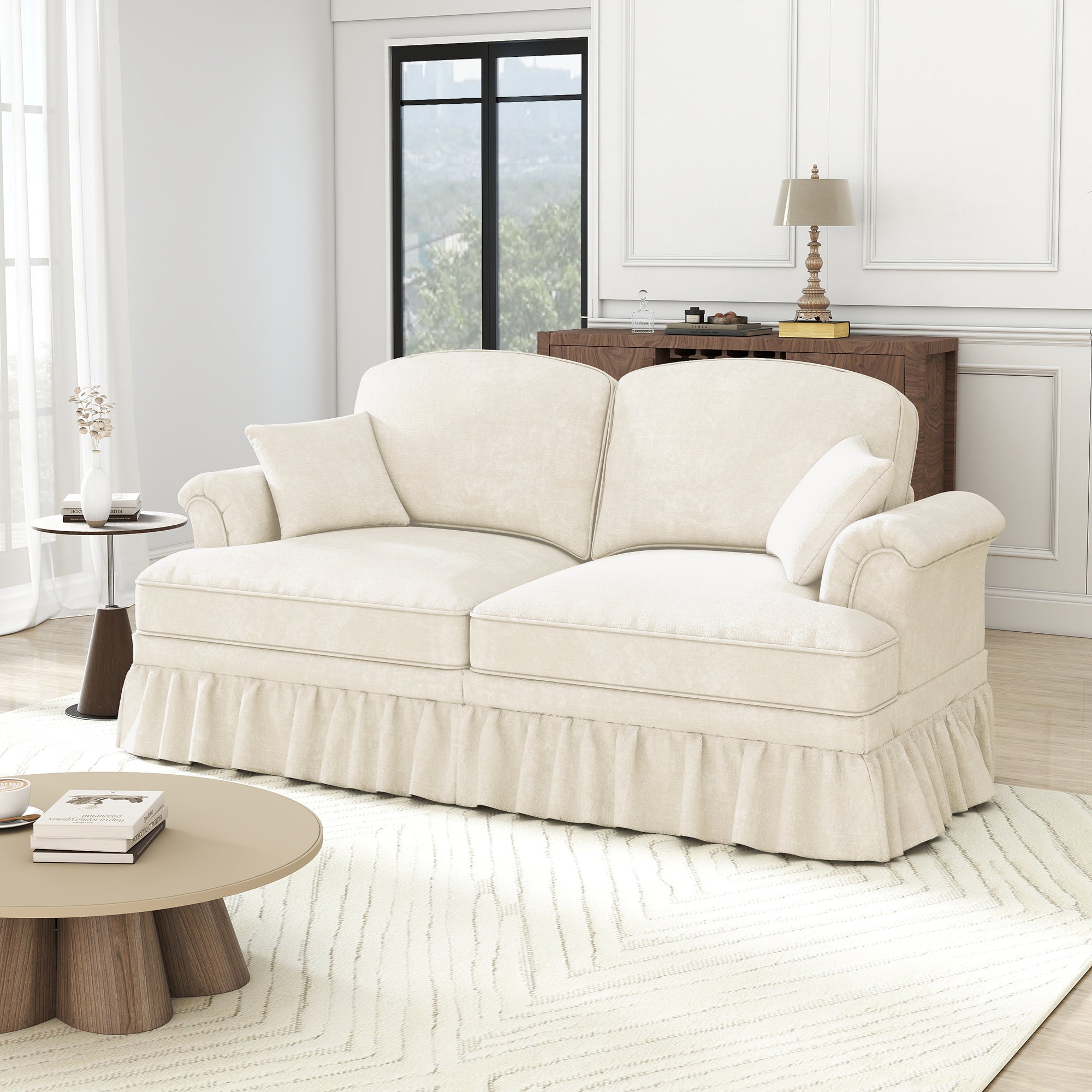 Sofa 2-Seater Mid-Century Modern Flared Arm Chenille - White