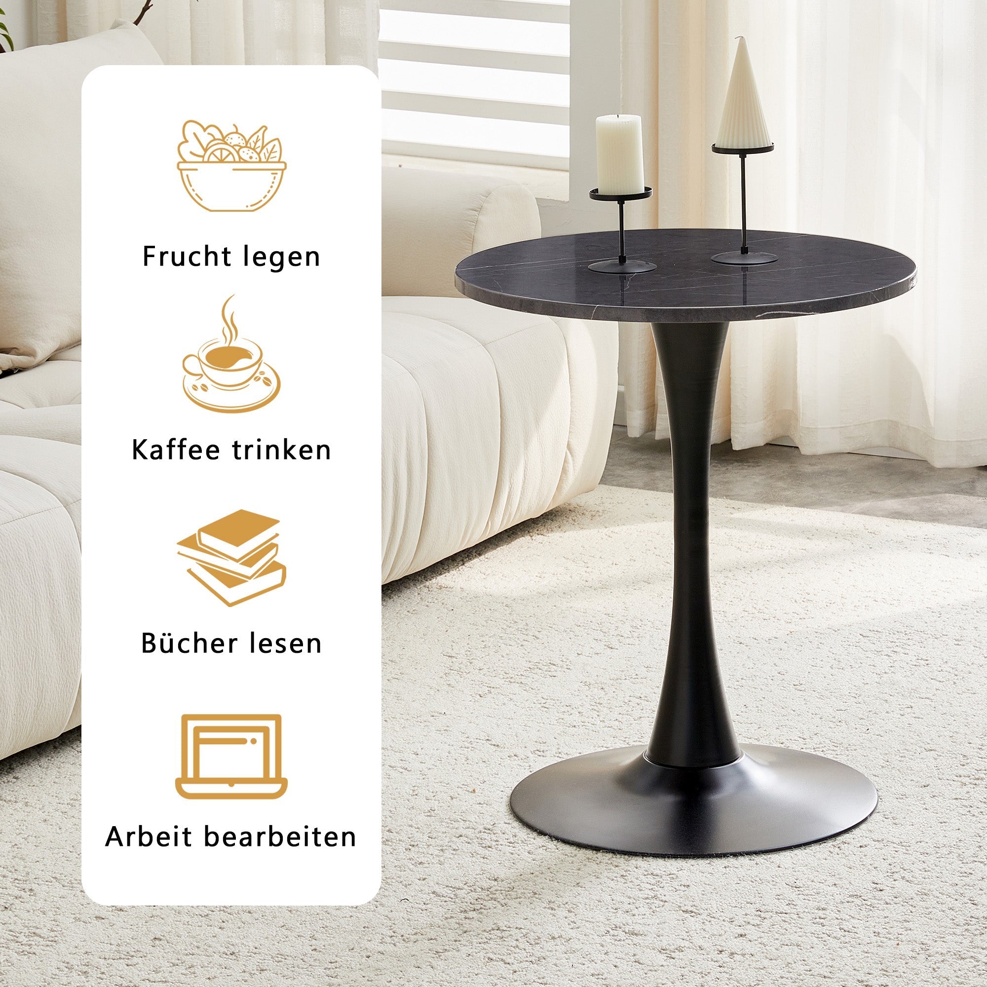 Round Side/Dining Table 60cm Marble Look - Black MDF