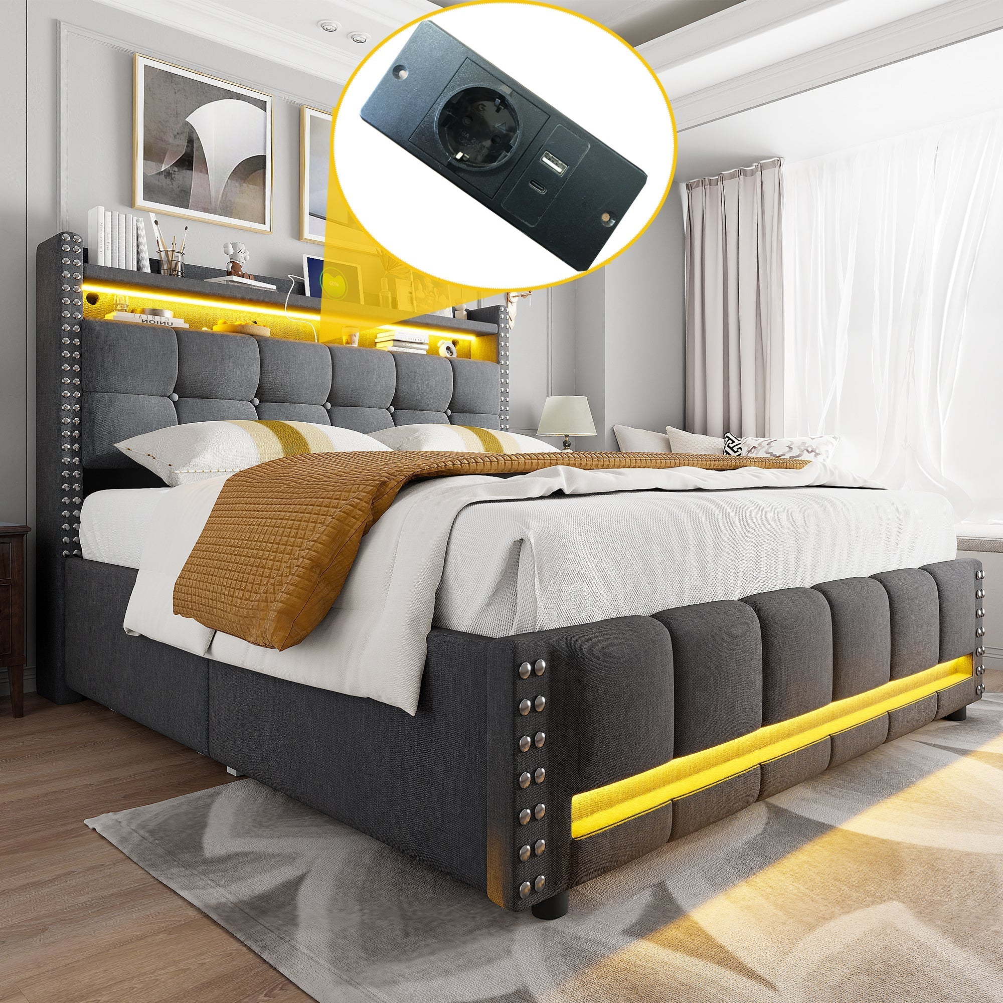 Upholstered Bed with LED, USB, Shelves & 4 Drawers, Gray Linen