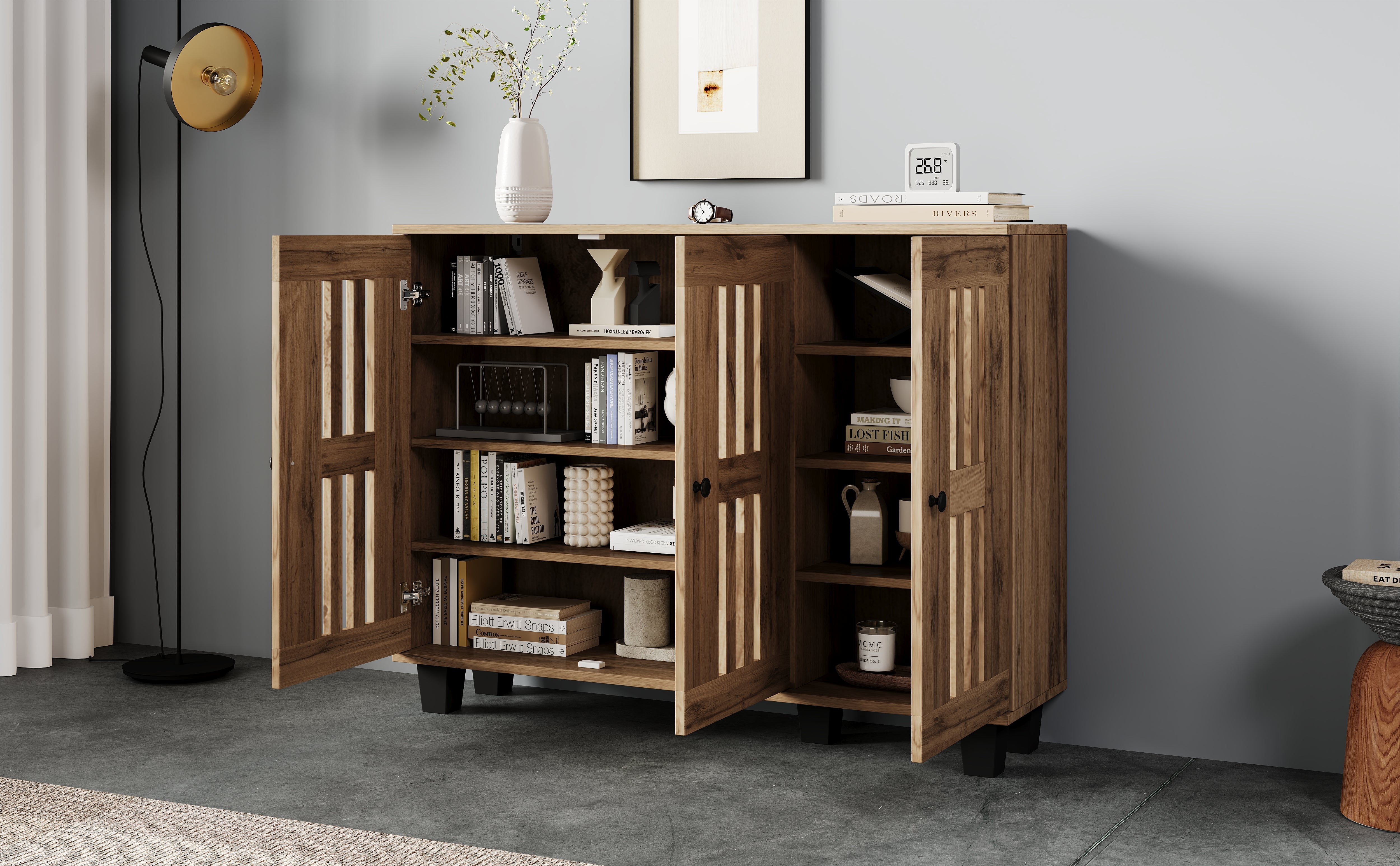 Side Cabinet, 120x32x92cm 3-Door with 8 Storage Compartments for Living Room, Bedroom, Office, Entryway