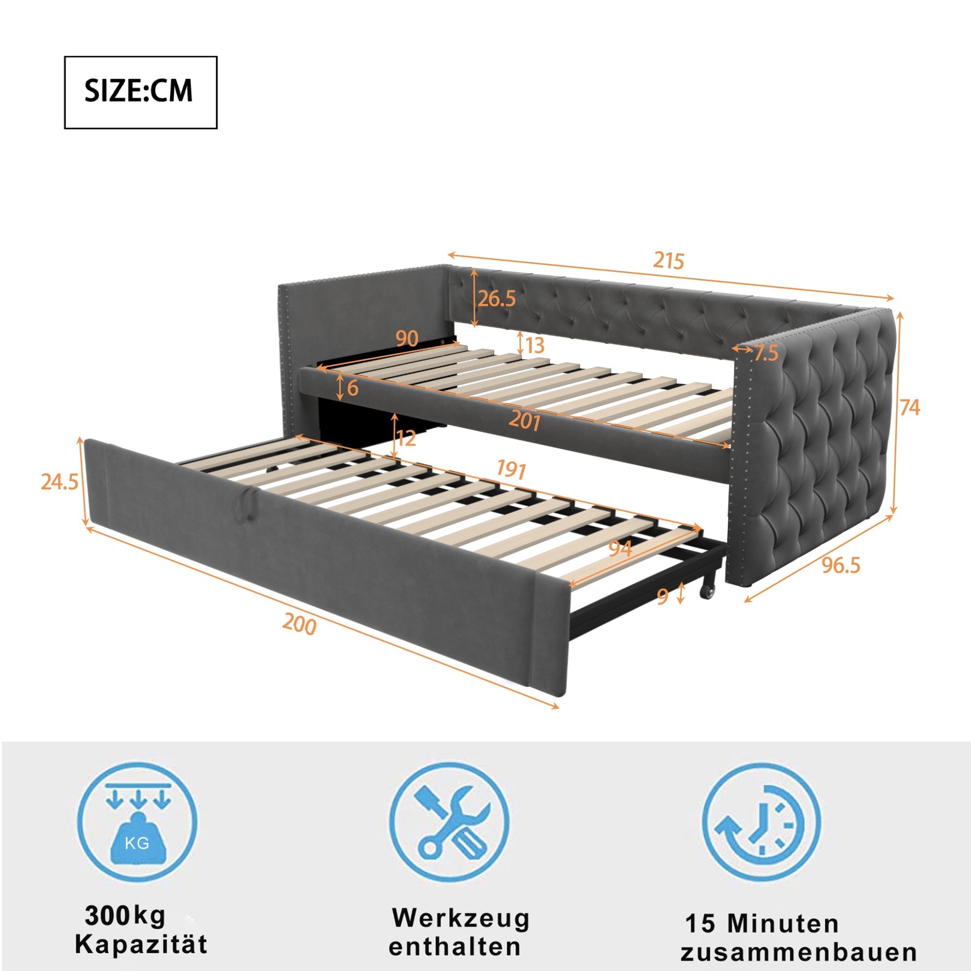 Upholstered Extendable Sofa Bed 90x200cm Multifunctional Slatted Base - Grey Velvet