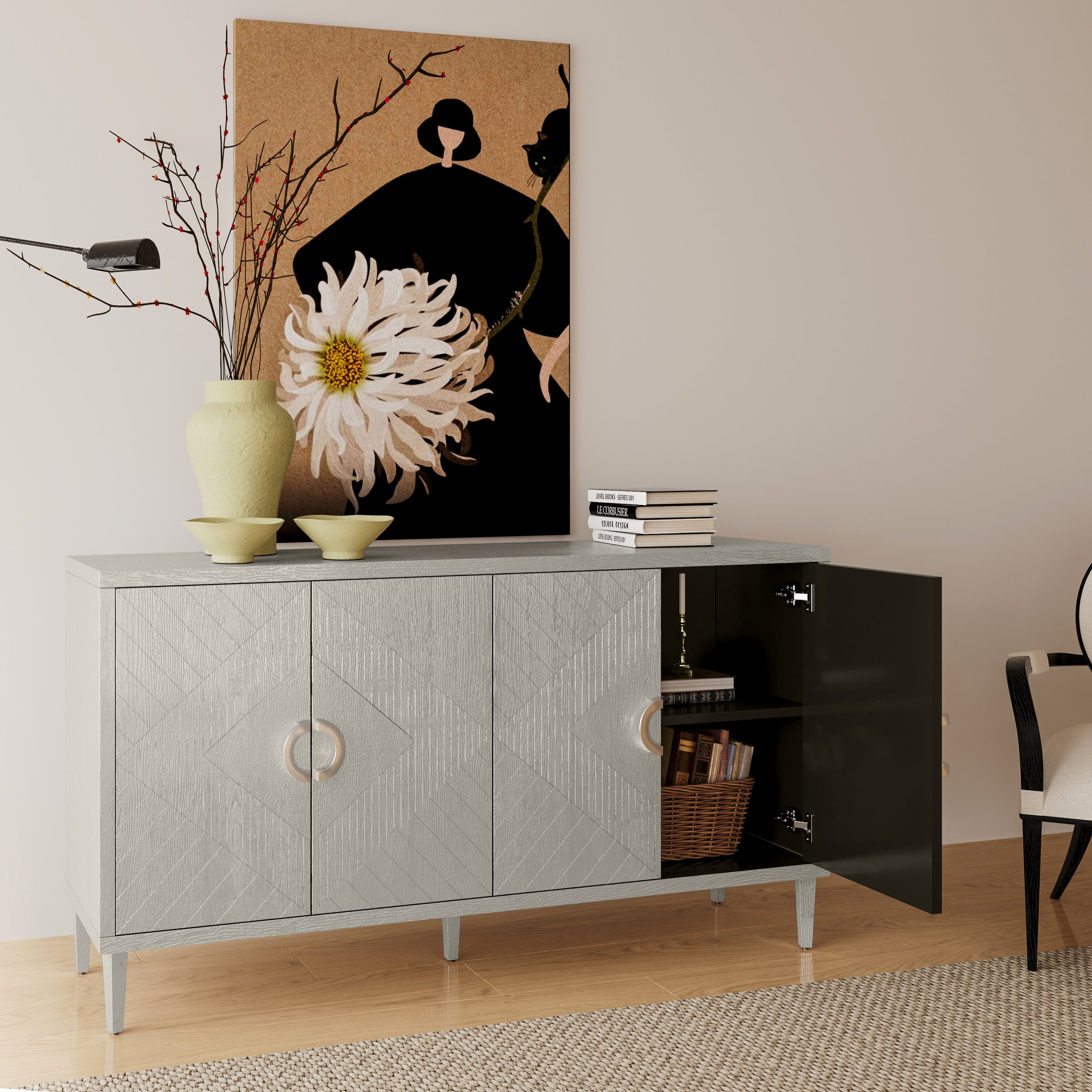 Storage Cabinet, 152CM 4-Door with Pine Legs, MDF Champagne