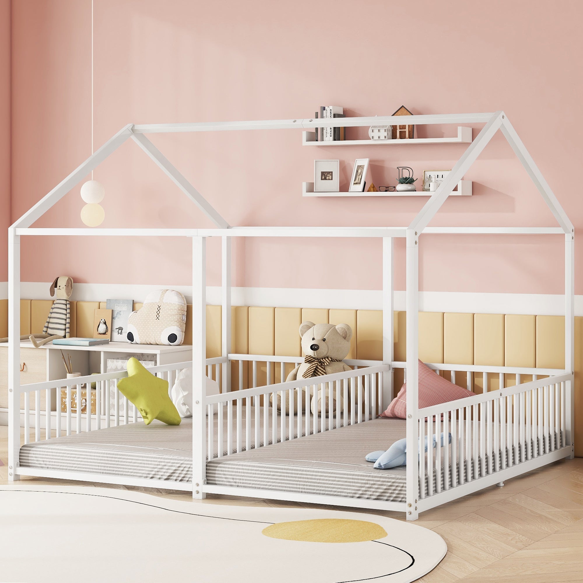 Metal Children's Bed 90x200cm House Design Railing Ladder - White
