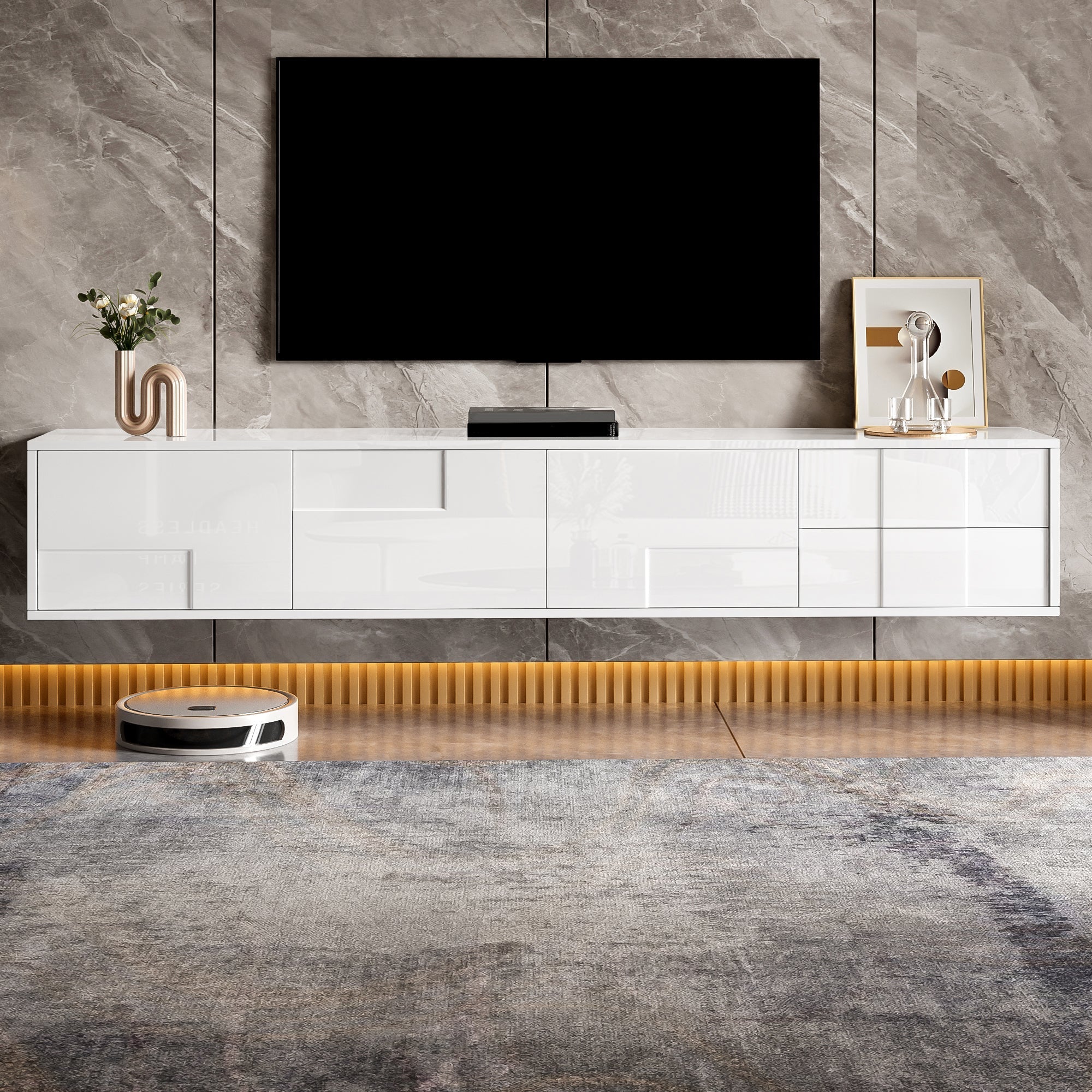 Modern TV Stand 170cm, Floating/Freestanding, 3 Doors 2 Drawers, High-Gloss White
