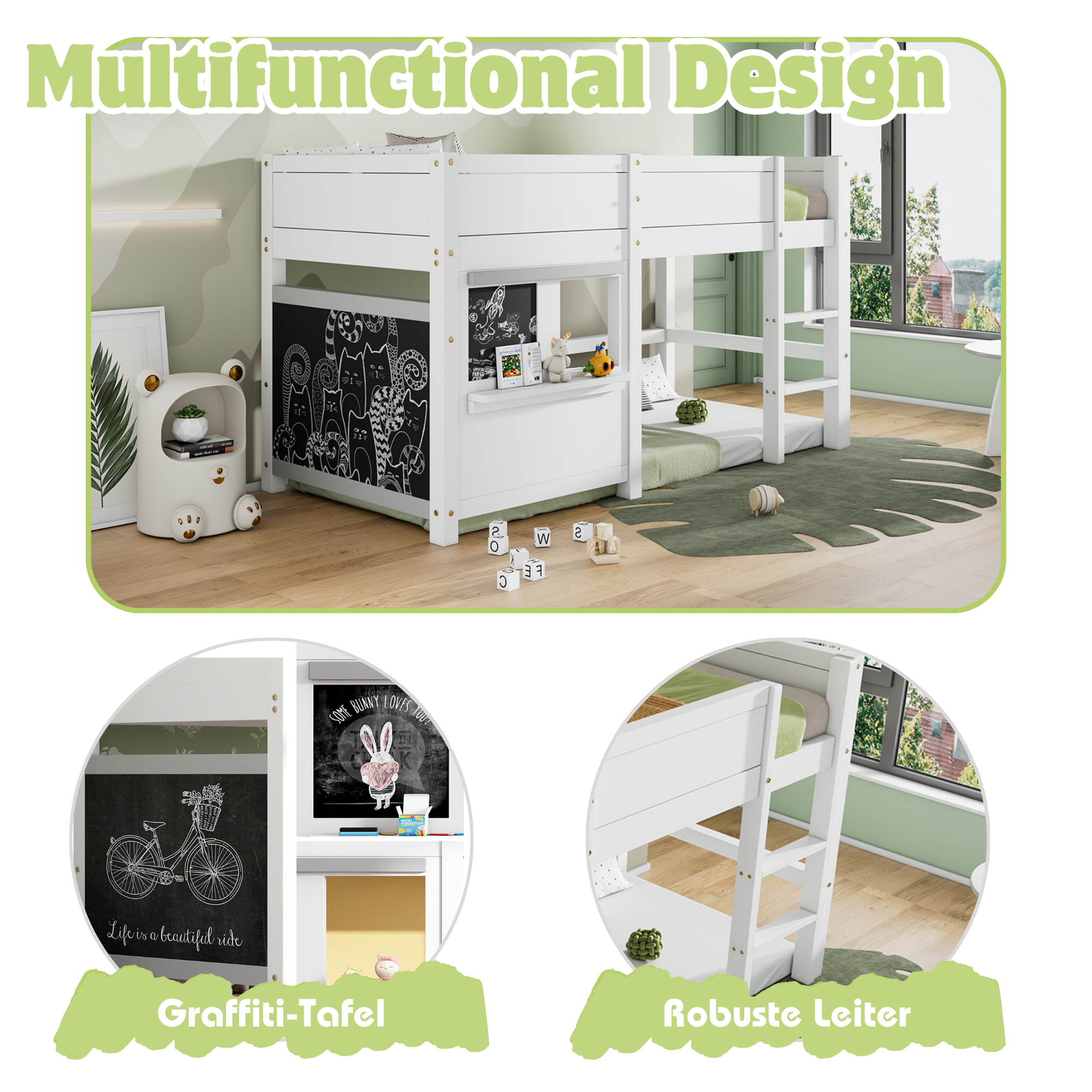House Bunk Bed 90x200cm Graffiti Boards Small Shelf - White