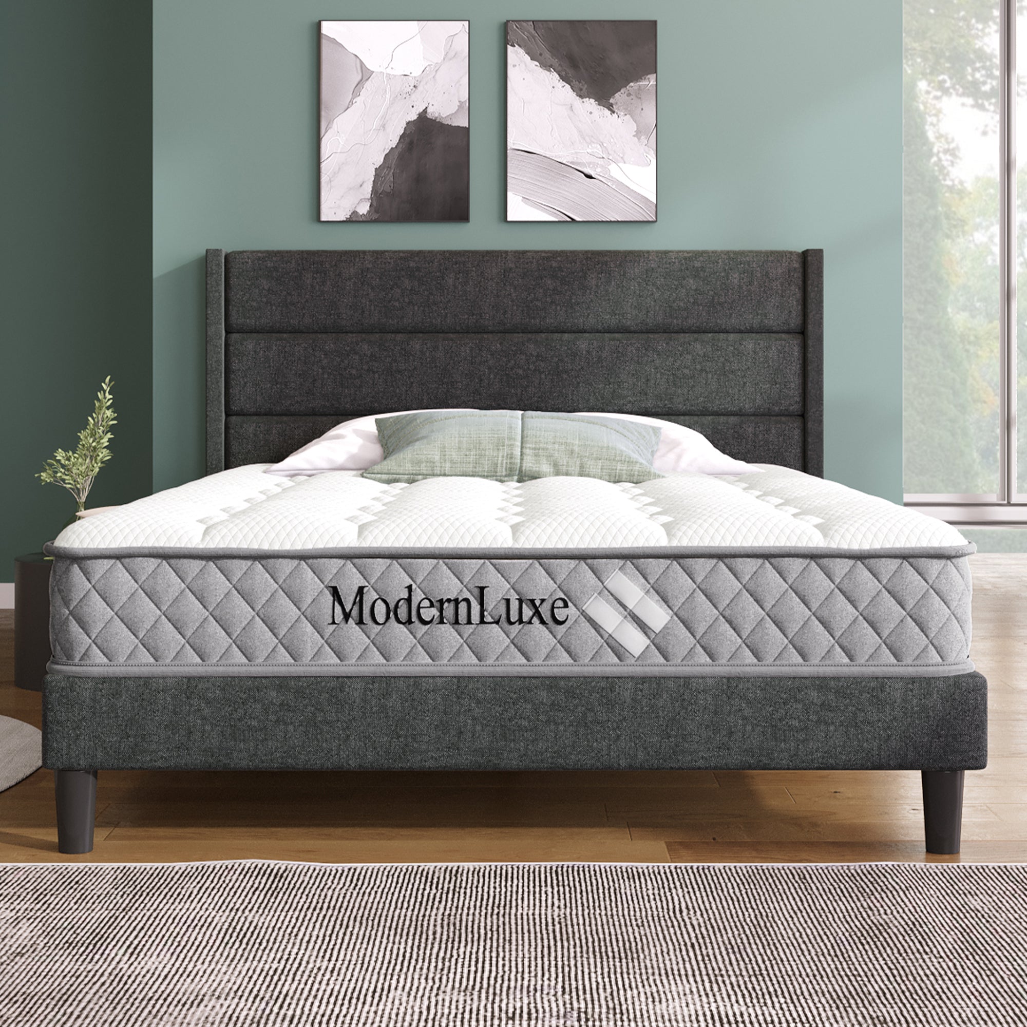Upholstered Bed 140x200cm, Double with Slatted Frame & Headboard, Dark Grey Linen