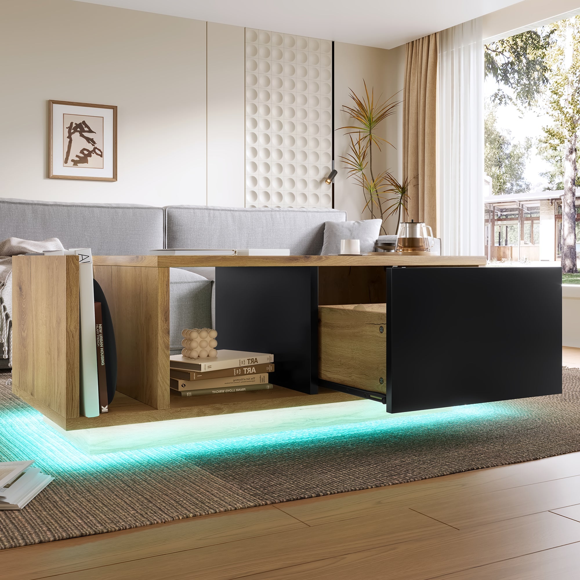 Retro Sideboard, Room Divider with LED Lighting, Wood-Metal Design