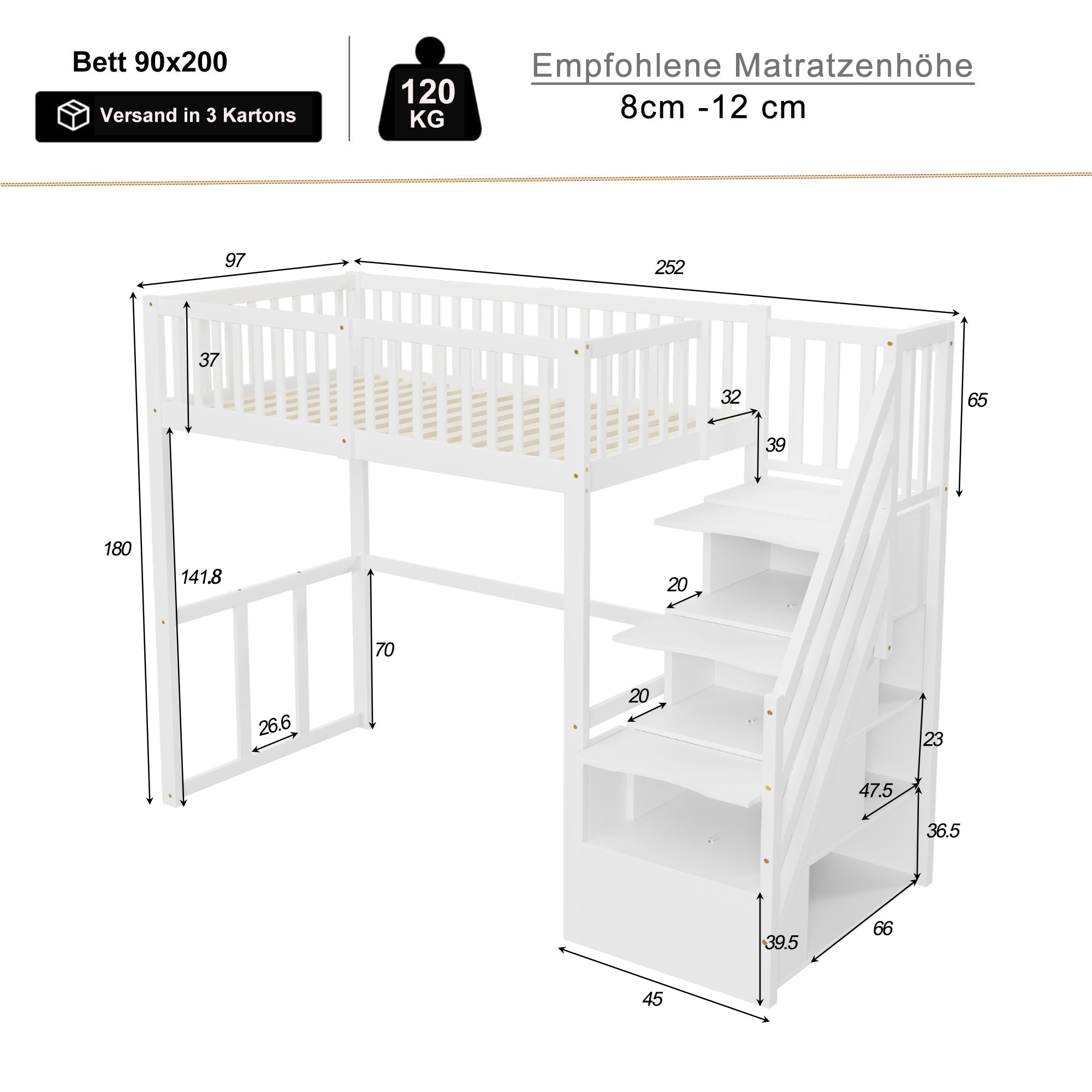 Loft Bed with Safety Storage Ladder, 90x200cm, White Solid Pine Wood