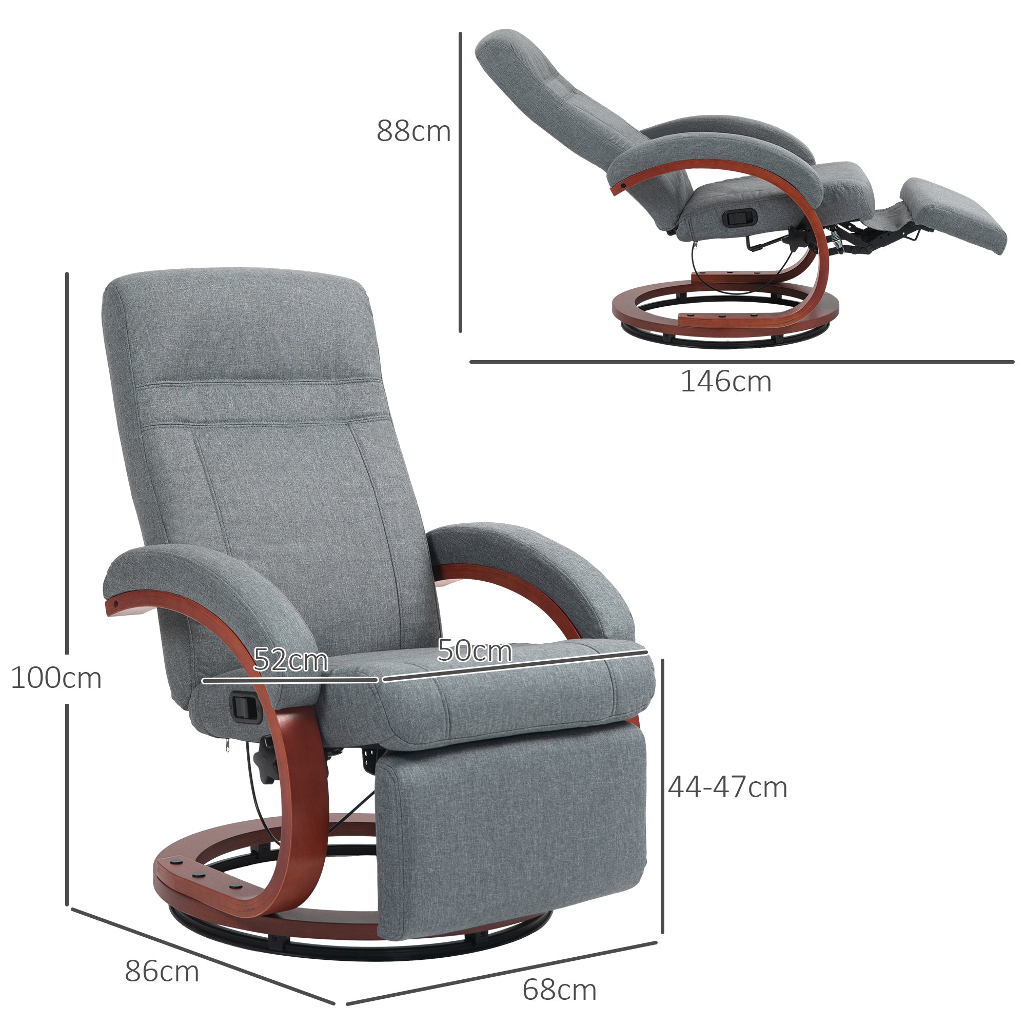 Reclining TV Armchair, Swivel, Adjustable Backrest, Wooden Armrests - Grey Fabric