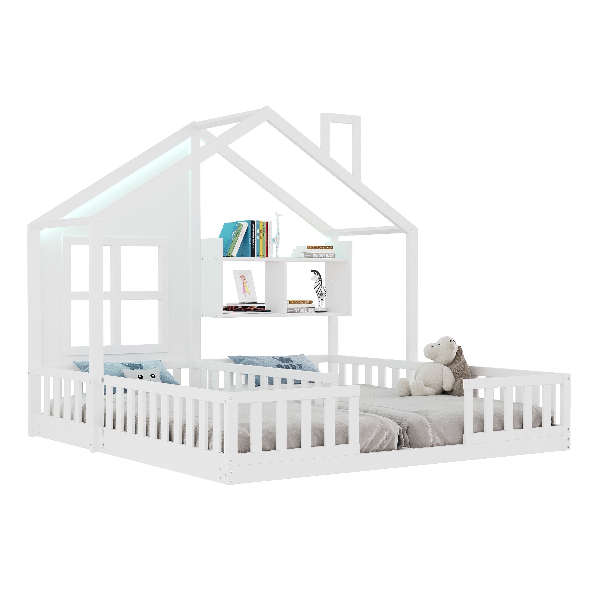 Wooden Children's Bed 90x200cm House Design LED Lighting Storage White