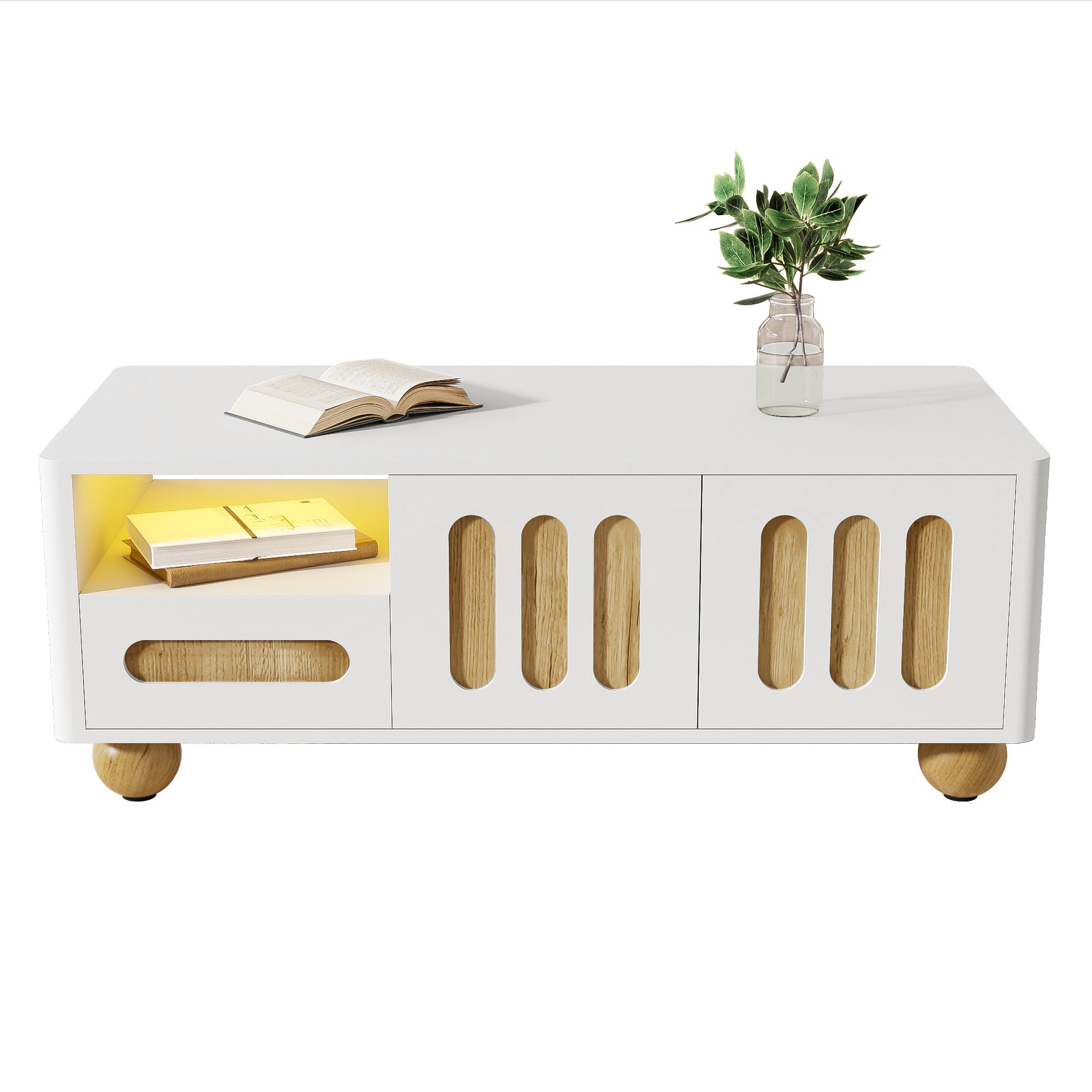 Coffee Table, 105x50x40 cm, 4 Doors, 2 Drawers, LED Light, White Wood