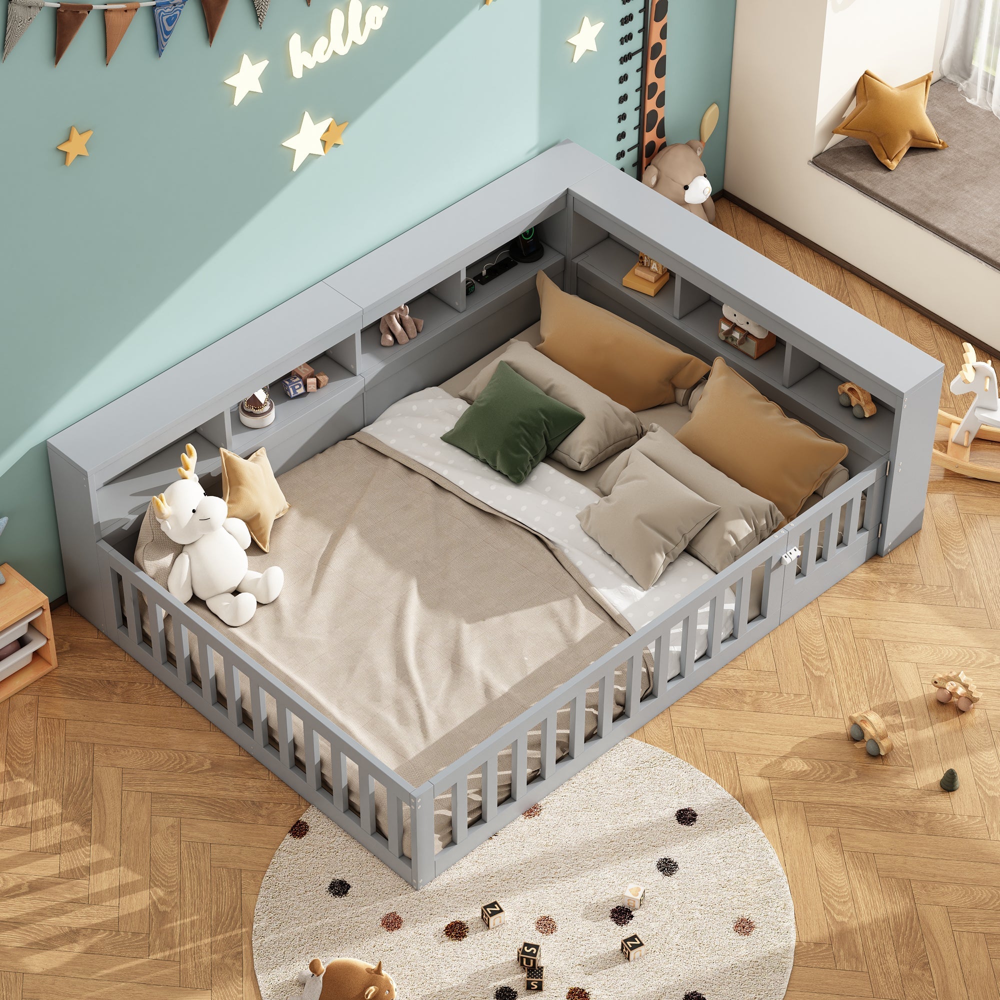 Daybed with Storage and USB Ports, 140x190cm Sofa Bed with Slatted Base and Railing, Grey Chipboard