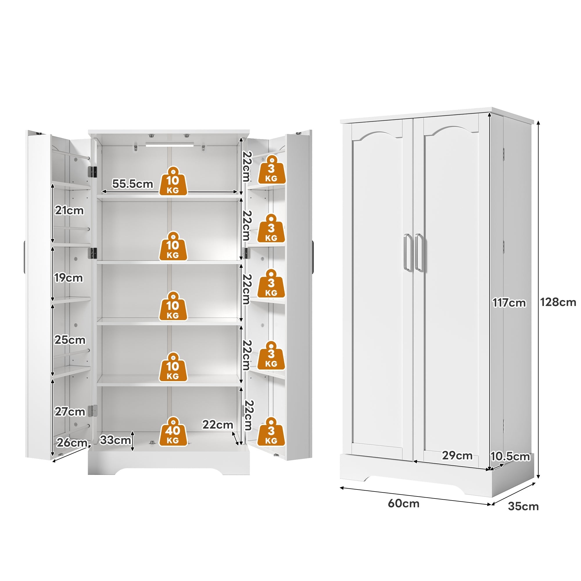 Kitchen Cabinet 60x35x128cm LED Sensor Adjustable Shelves Double Door - White