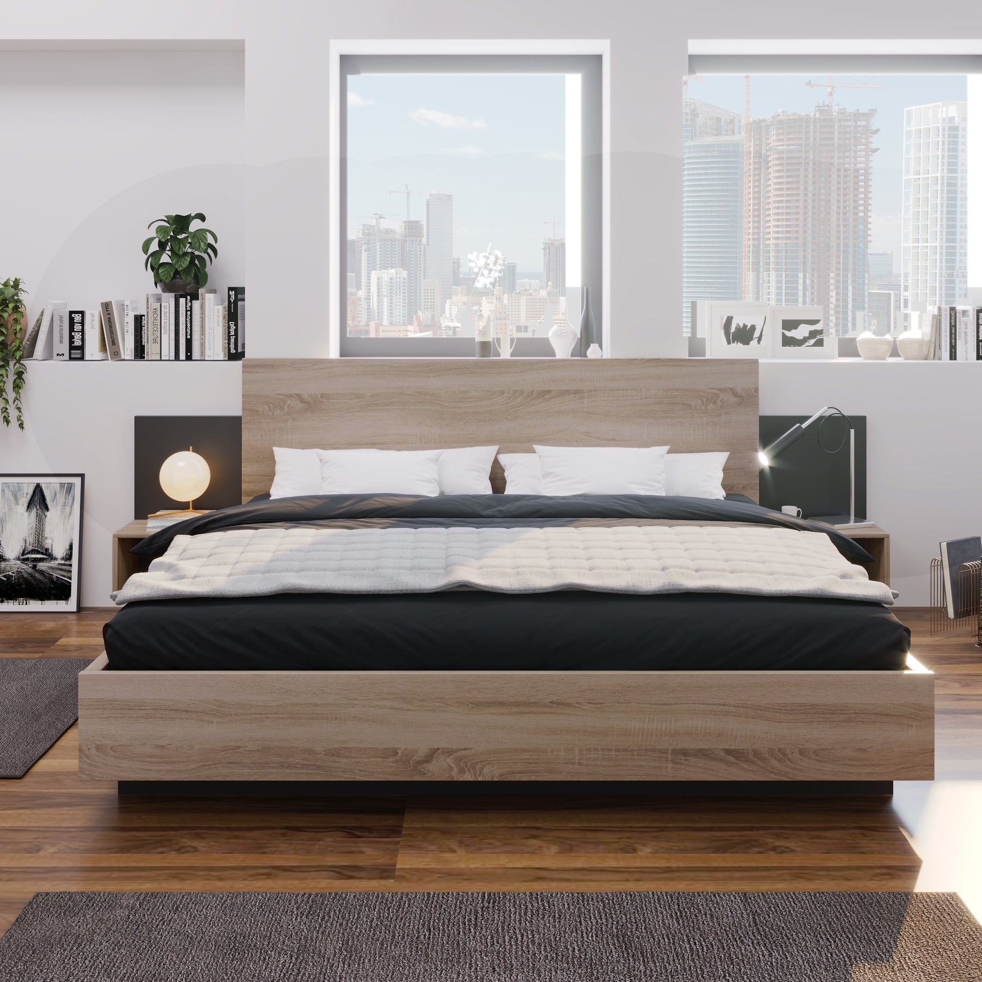 Double Bed Frame Set 160x200cm Modern 2 Bedside Tables, Sonoma Oak/Dark Grey Wood