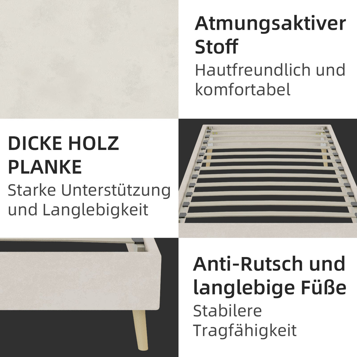 Modern Minimalist Bed Frame, 90x200 cm, Low-Profile, Dutch Velvet Beige