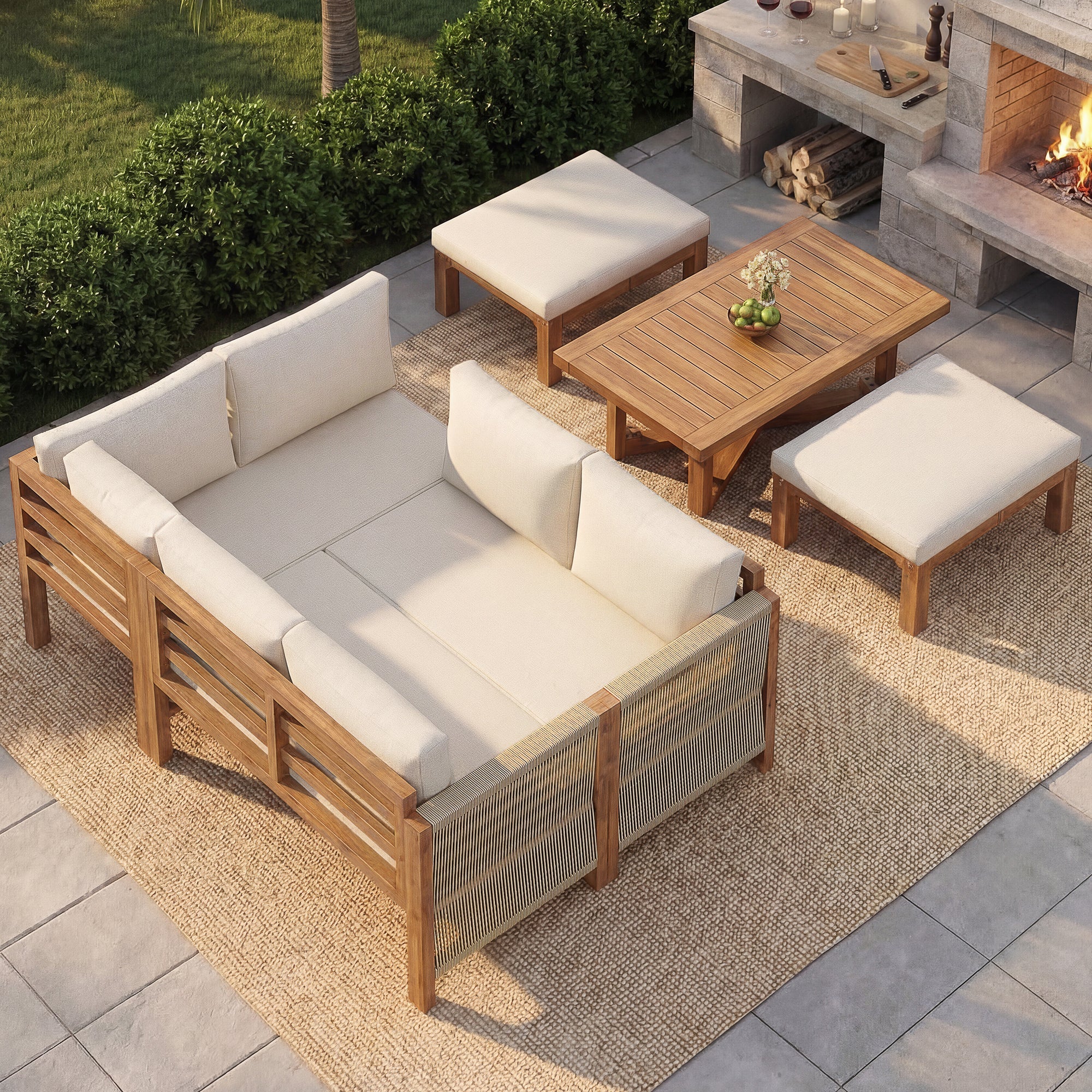 Modular Garden Furniture Set with 6-Seater Corner Sofa, 2 Stools and Table, Acacia Wood