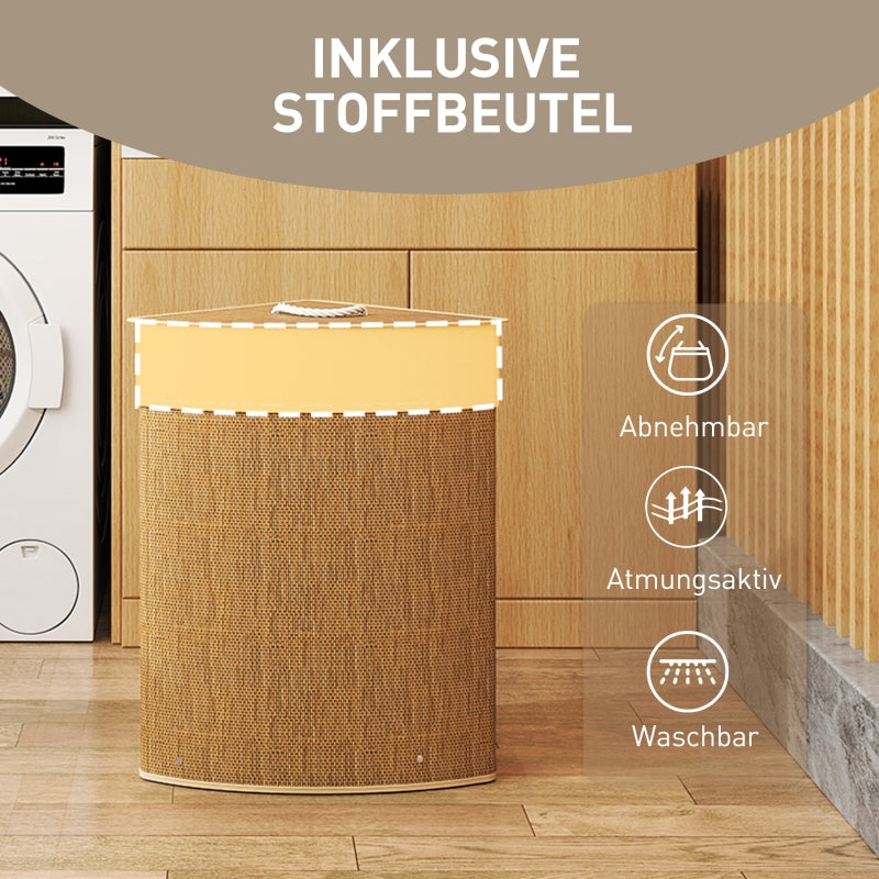 Bamboo Laundry Basket, 55 L, Corner, Removable Bag, Brown