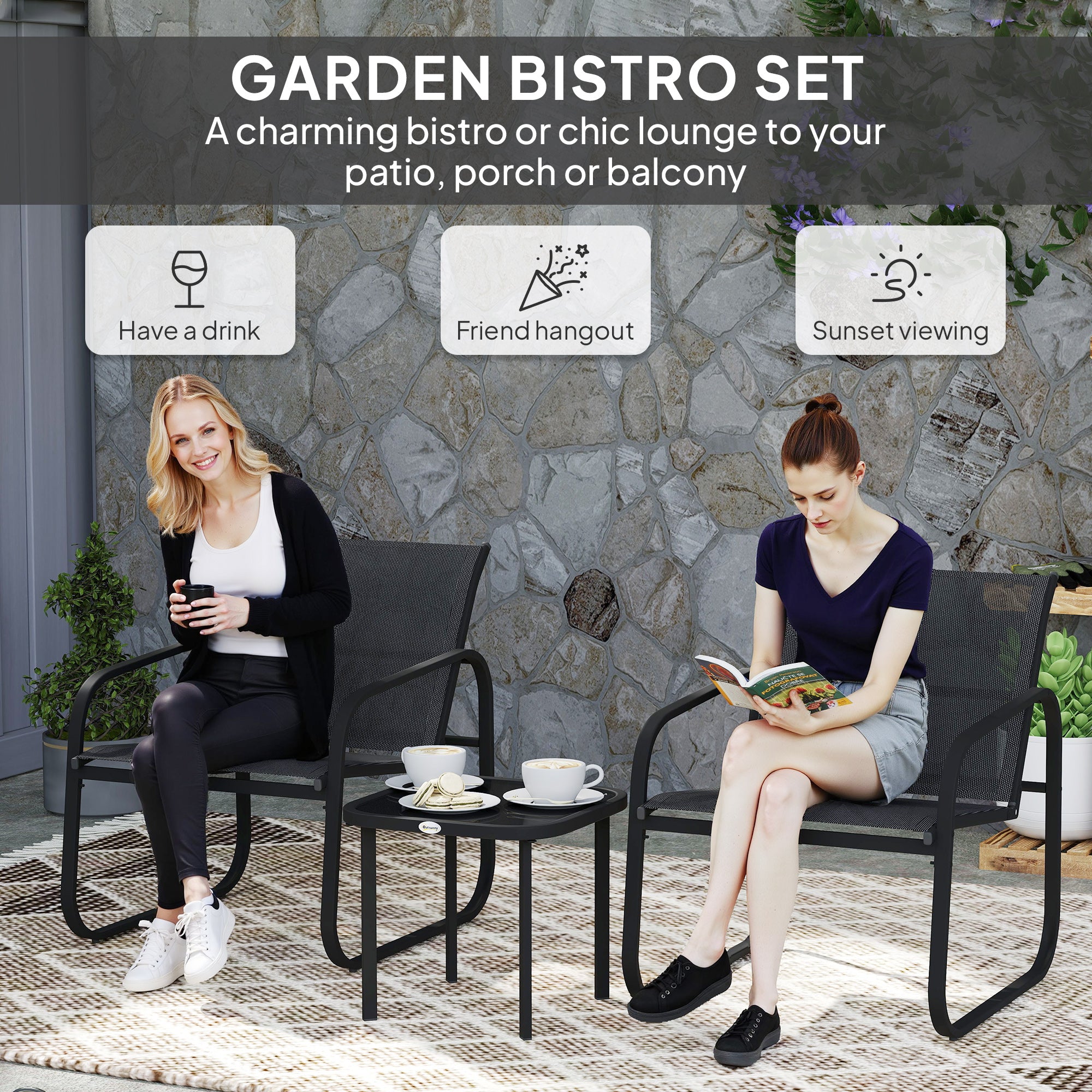 Three-Piece Garden Seating Set Two Armchairs Square Glass Table Steel Frame Black