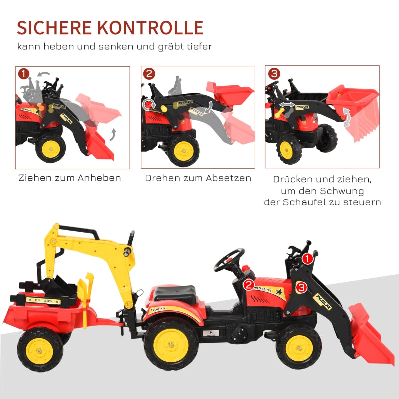 Pedal Tractor with Trailer, Front Loader, Adjustable Shovel, Red