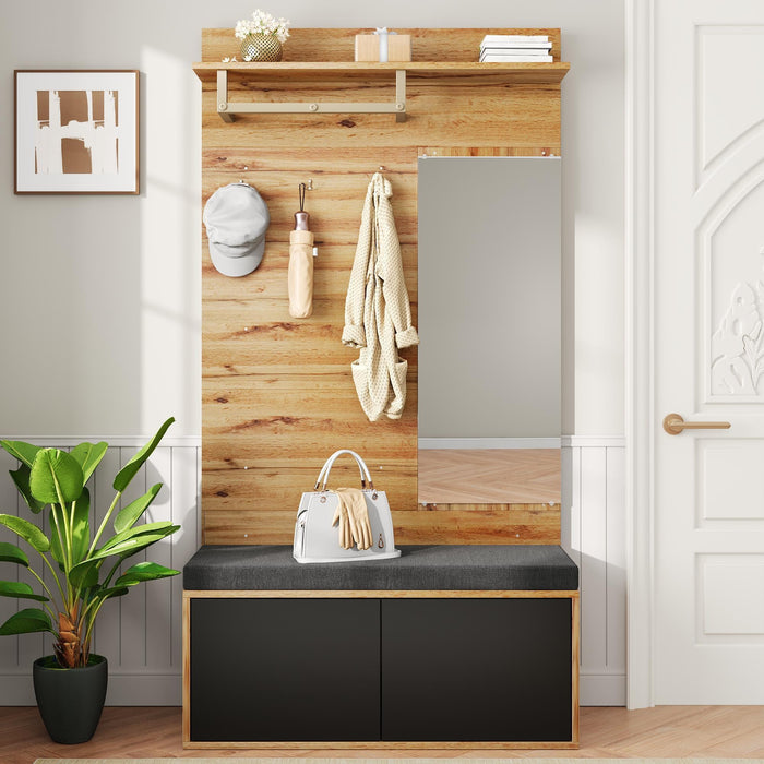 Wardrobe Set Compact Hallway Unit with Mirror, Cushions, and Shoe Cabinet, 100x190x38 cm