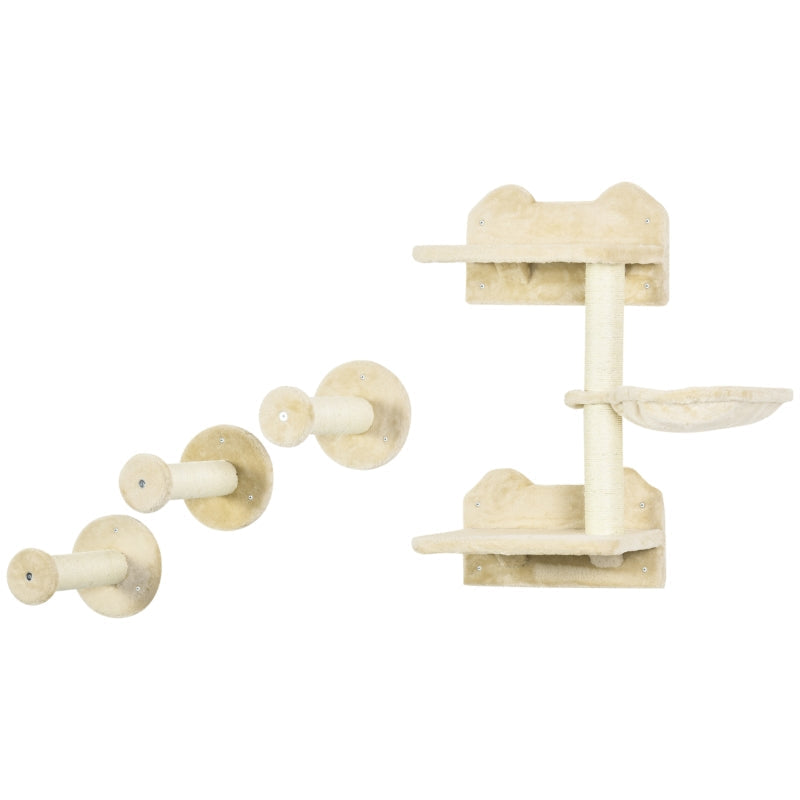 Kletterstufen für Katzen, 4-teiliges Wandtreppen-Set mit Kratzbaum & Hängematte, Beige/Cremeweiß