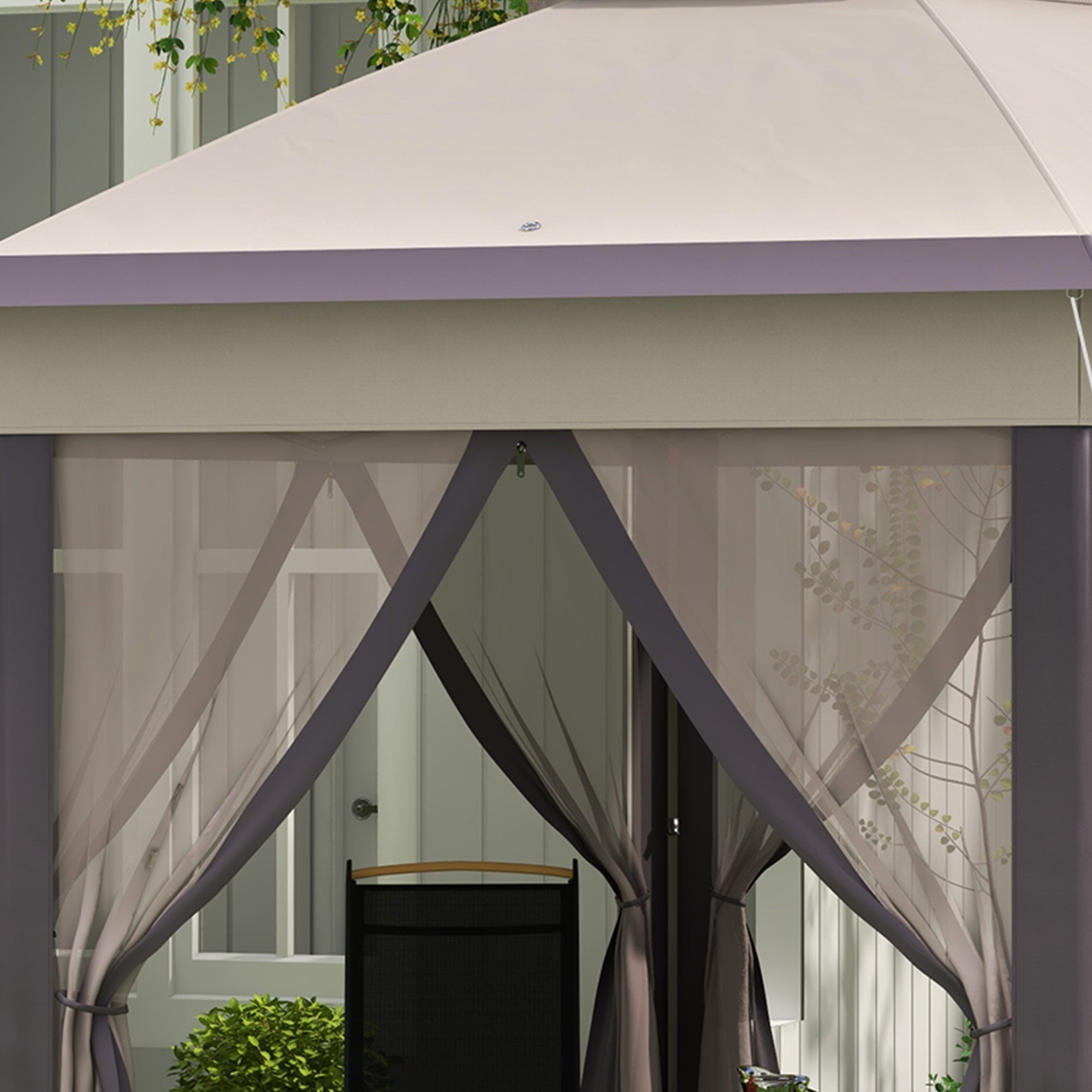 Garden Pavilion Folding Pop-Up Tent 4x4m 6 Side Panels Double Hexagonal Roof, Coffee/Beige