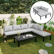 Garden Dining Set, 6-Seater Modular Lounge with Adjustable Legs and Removable Backrest, Grey Galvanized Iron