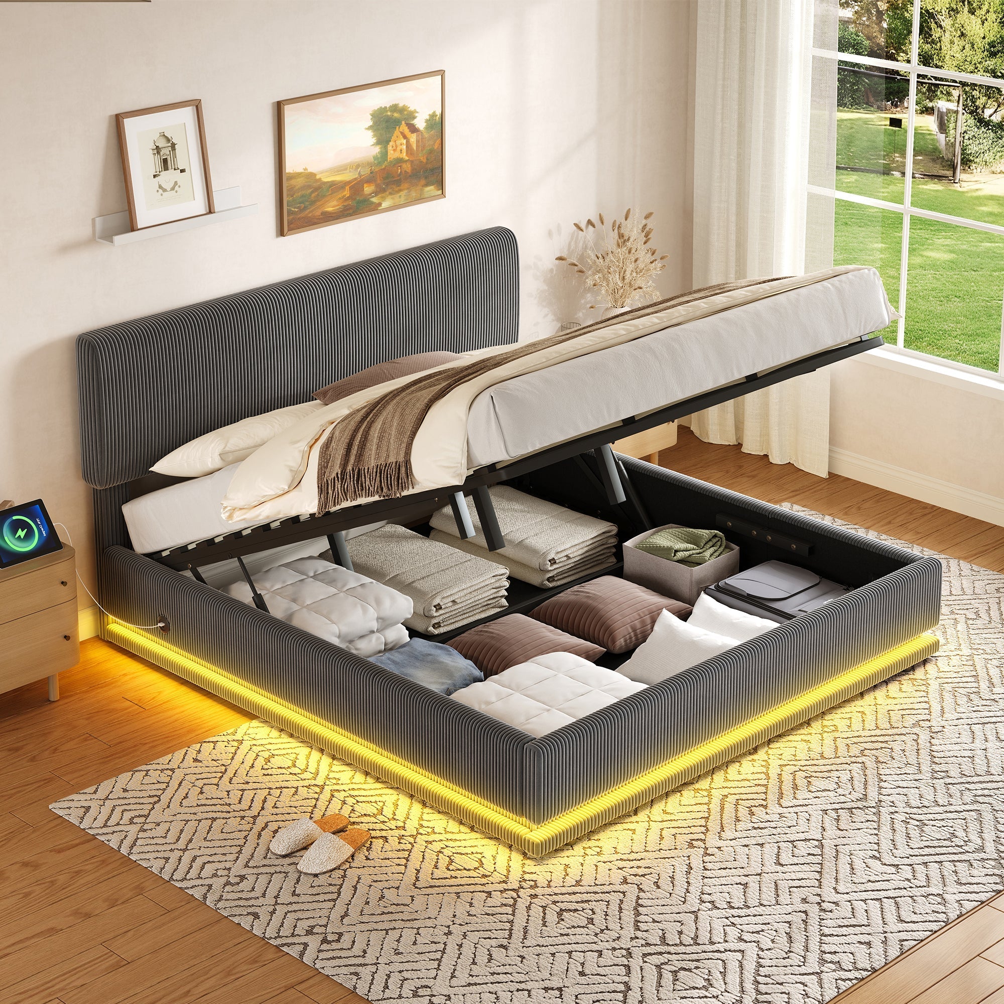 Modern Upholstered Bed with LED Lighting, USB-C Charging and Under-Bed Storage, Gray Corduroy