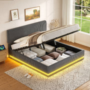 Modern Upholstered Bed with LED Lighting, USB-C and Under-Bed Storage, Gray Corduroy