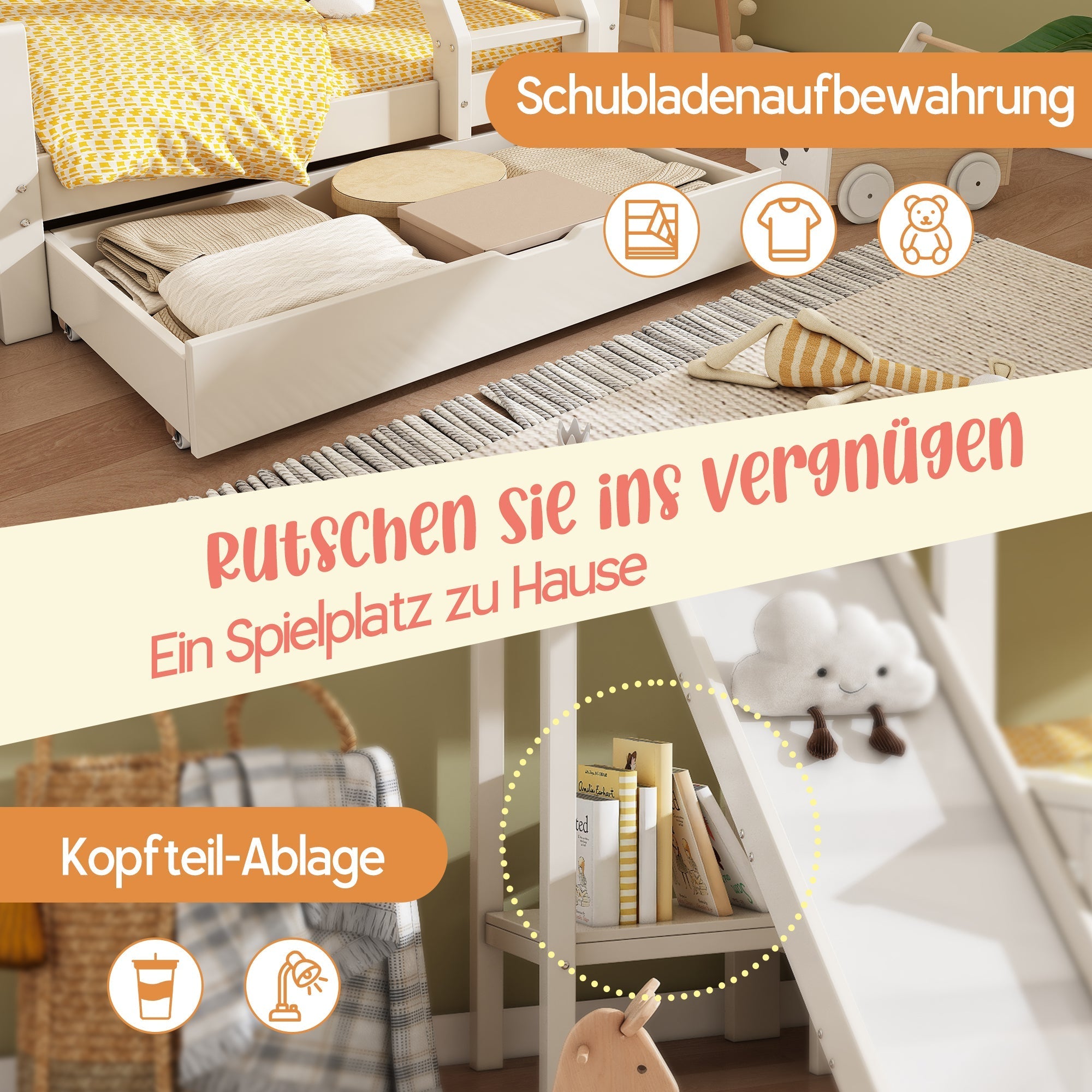 Bunk Bed, 90x200 & 140x200cm, House Loft with Drawer & Slide, Log Cabin Design