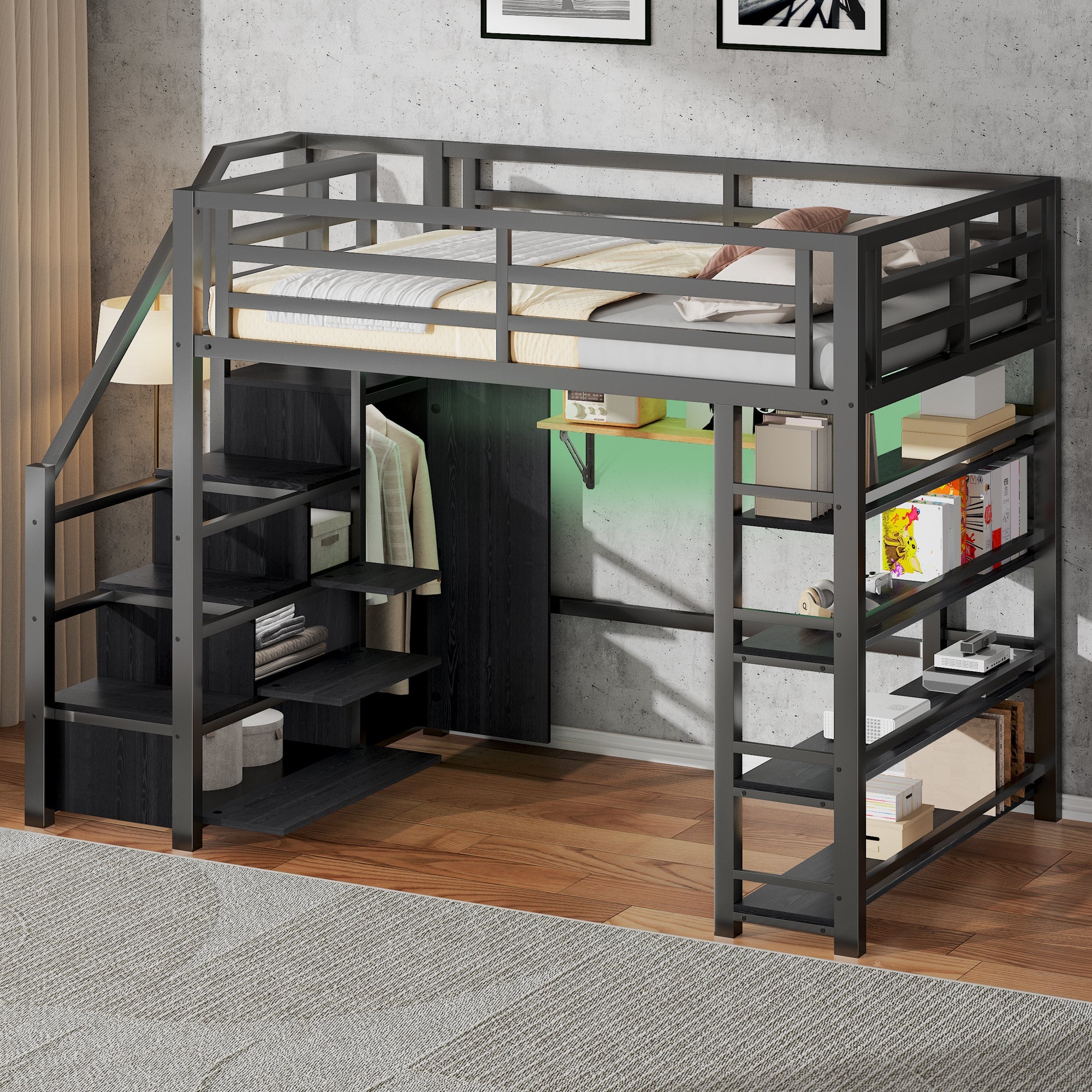 140x200 Metal Loft Bed with Wardrobe, Cabinets and LED Lighting, Black