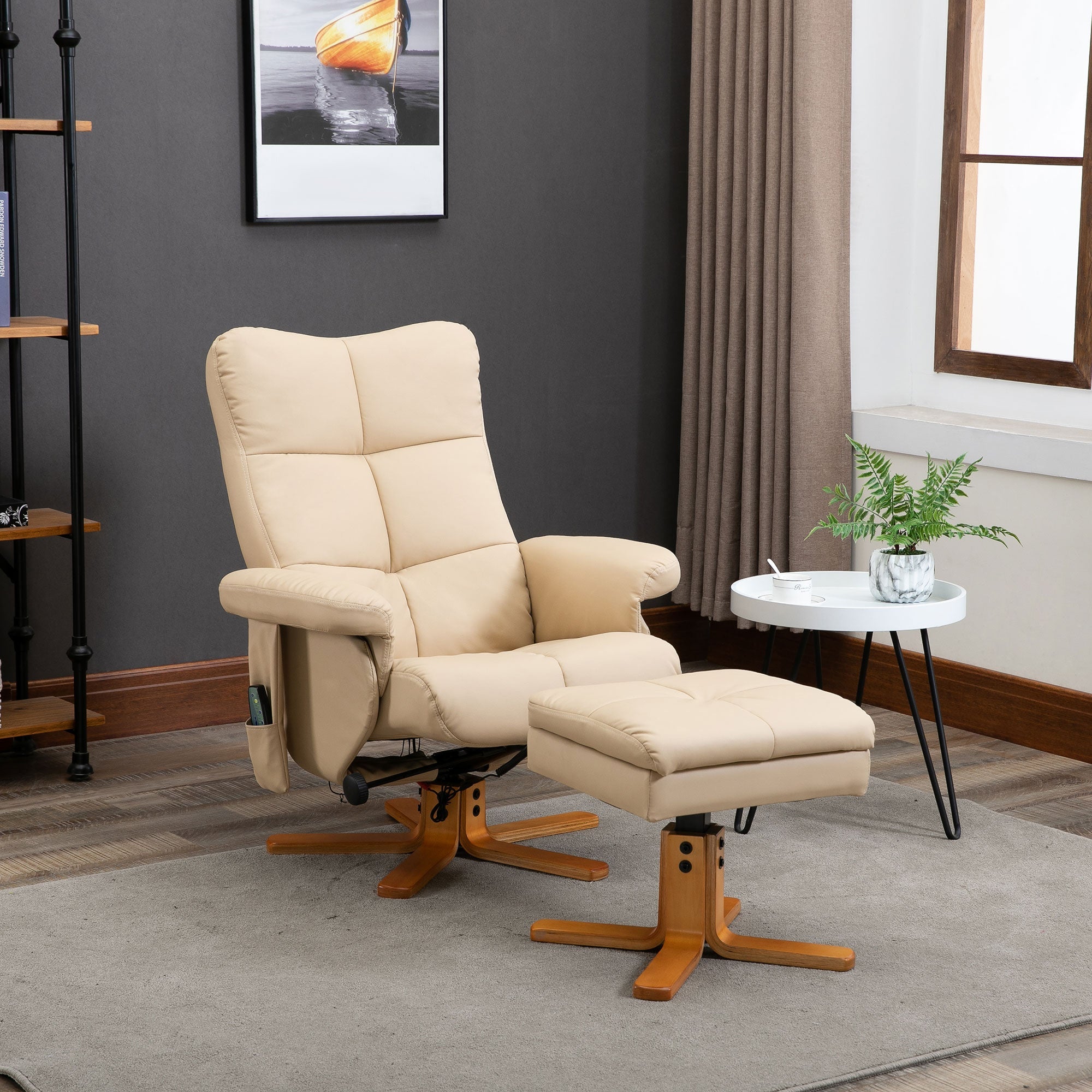 Reclining Massage Chair with Footstool, Storage, 145° Tilt, Polyester Cream White
