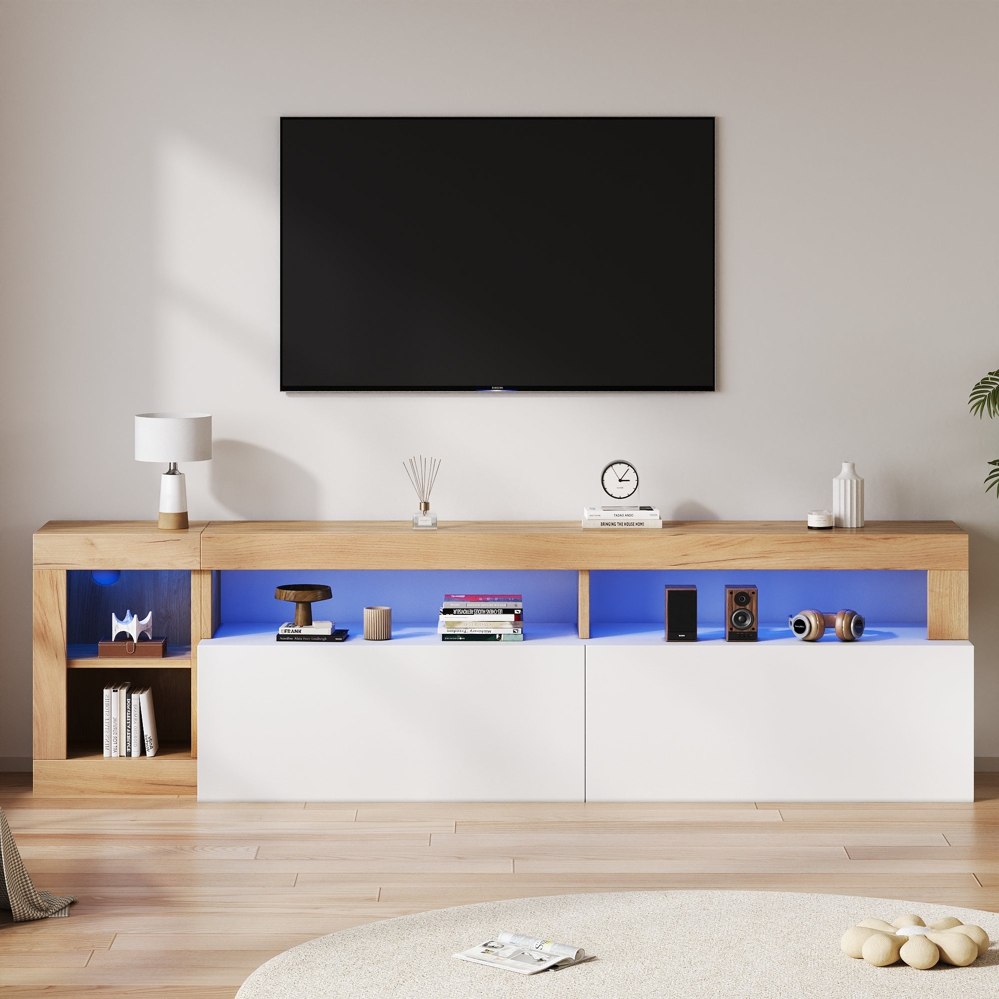 Modern TV Cabinet, 80 Inch, Open Storage, LED Light, Wooden Frame White