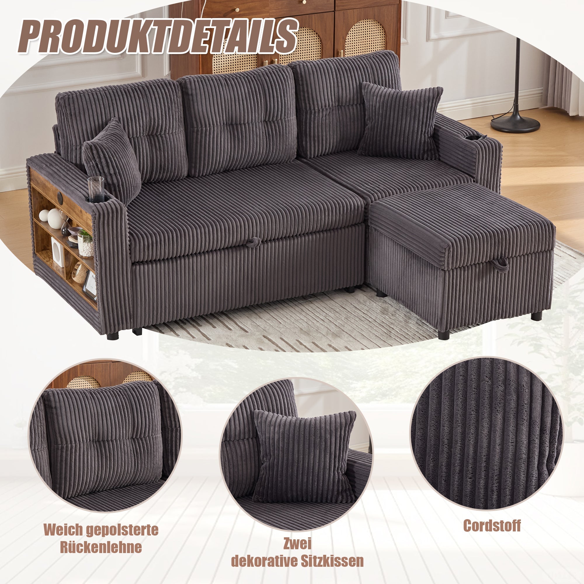 Multifunctional Sofa with Storage & Pull-Out Bed, USB-C, Ambient Light, Corduroy