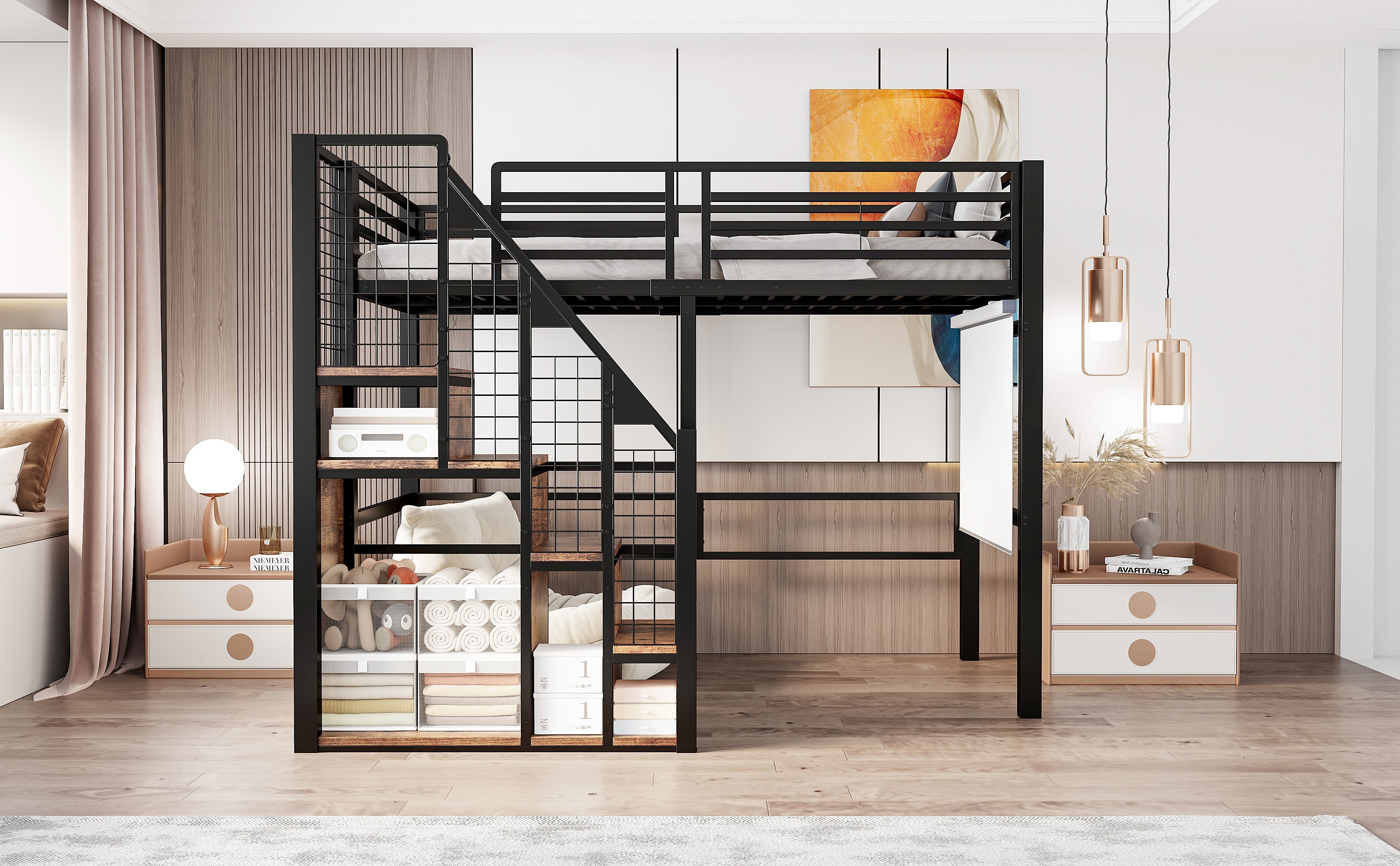 Bunk Bed 90x200cm Iron Frame with Storage Area Safety Ladder Black