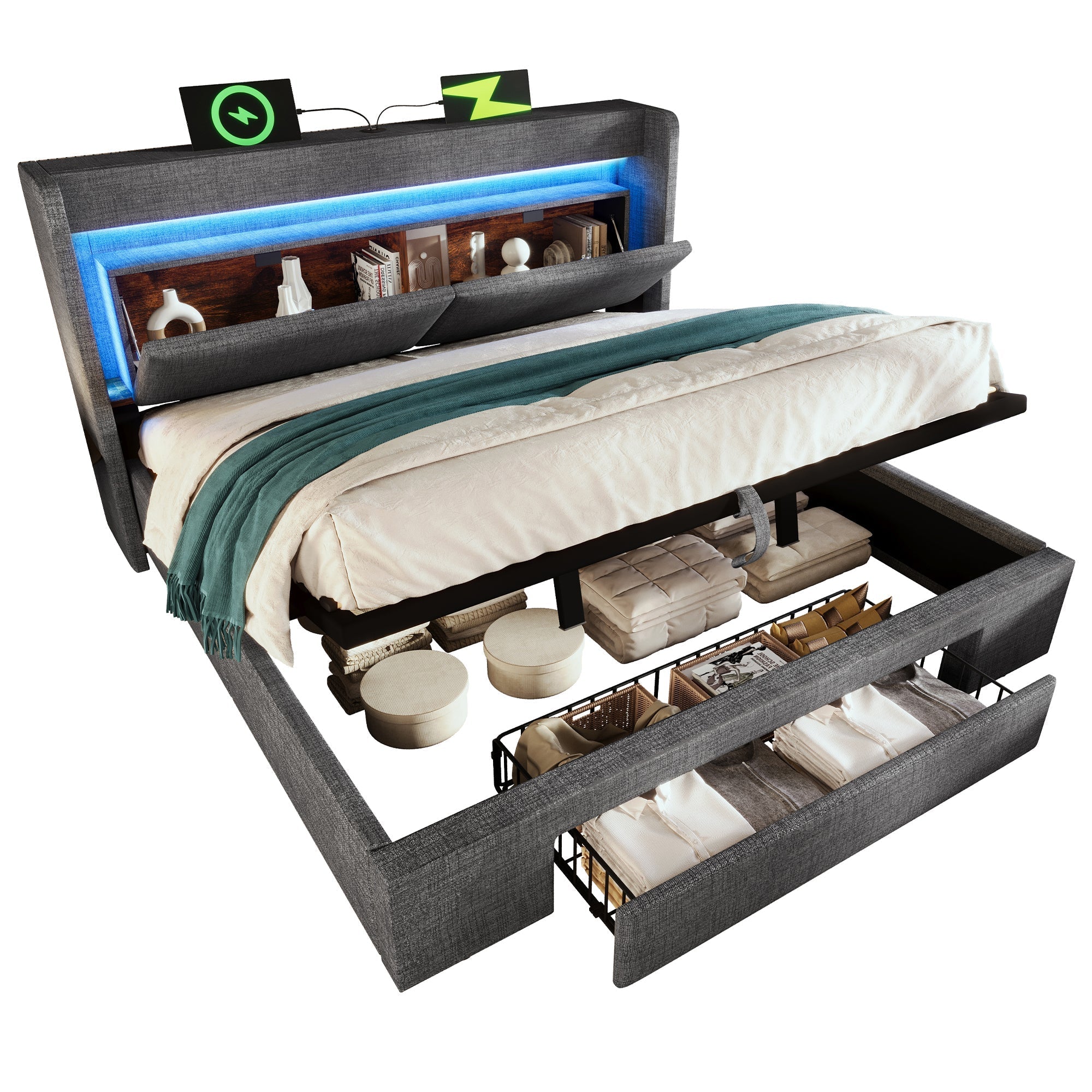 Upholstered Bed 160x200cm Hydraulic Storage Headboard Compartment LED USB/Type-C Linen Grey