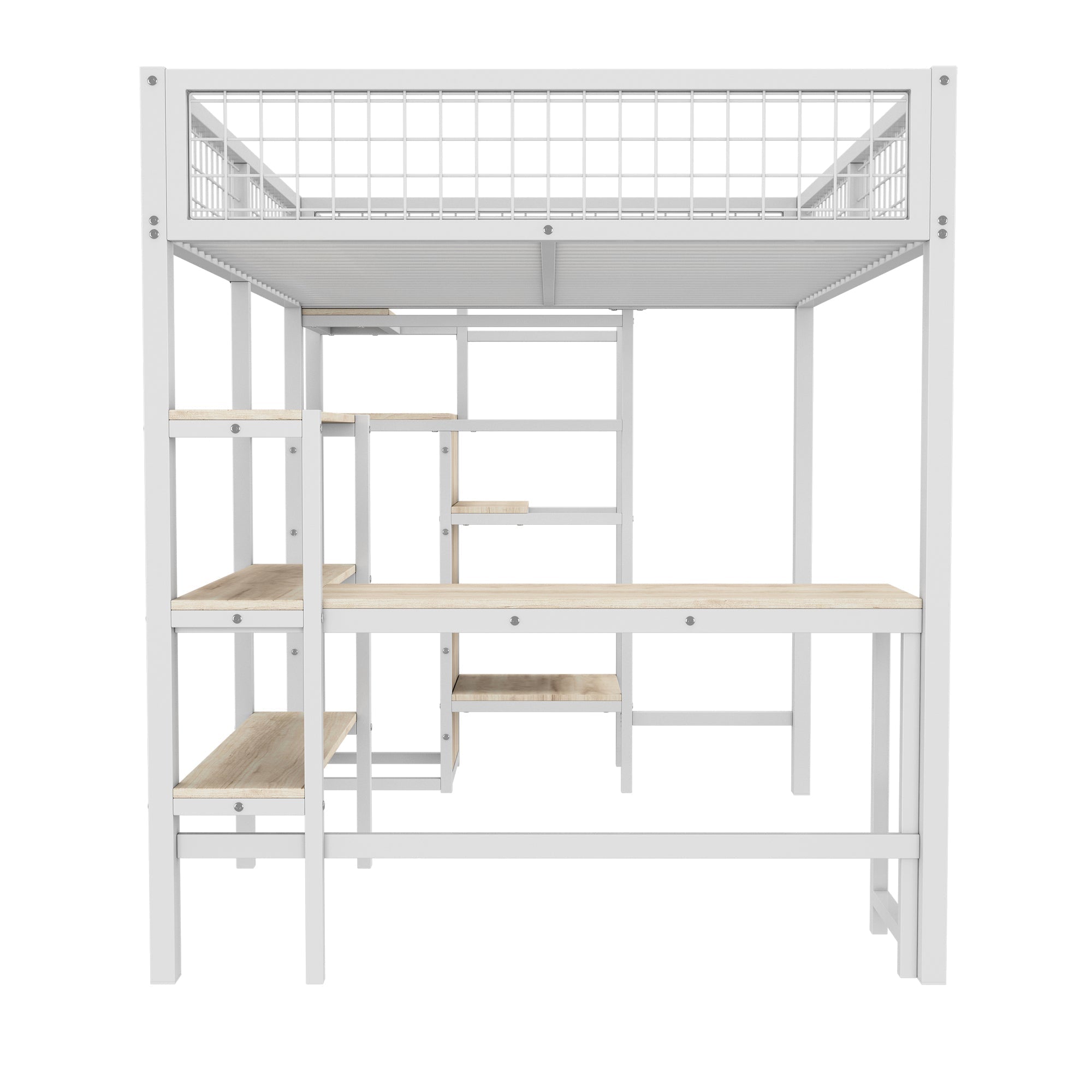 Loft Bed 140x200cm Iron Frame with Storage Ladder Shelves Wardrobe Desk White