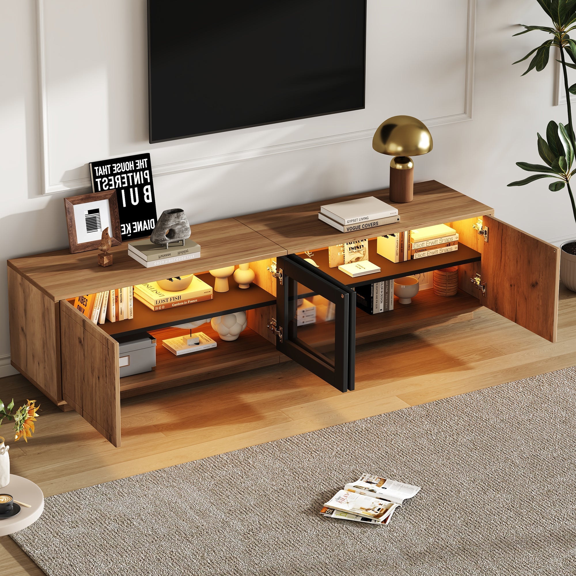 TV Cabinet 180cm for 75 Inch TV, LED Light Strip, Natural Wood & Black Glass