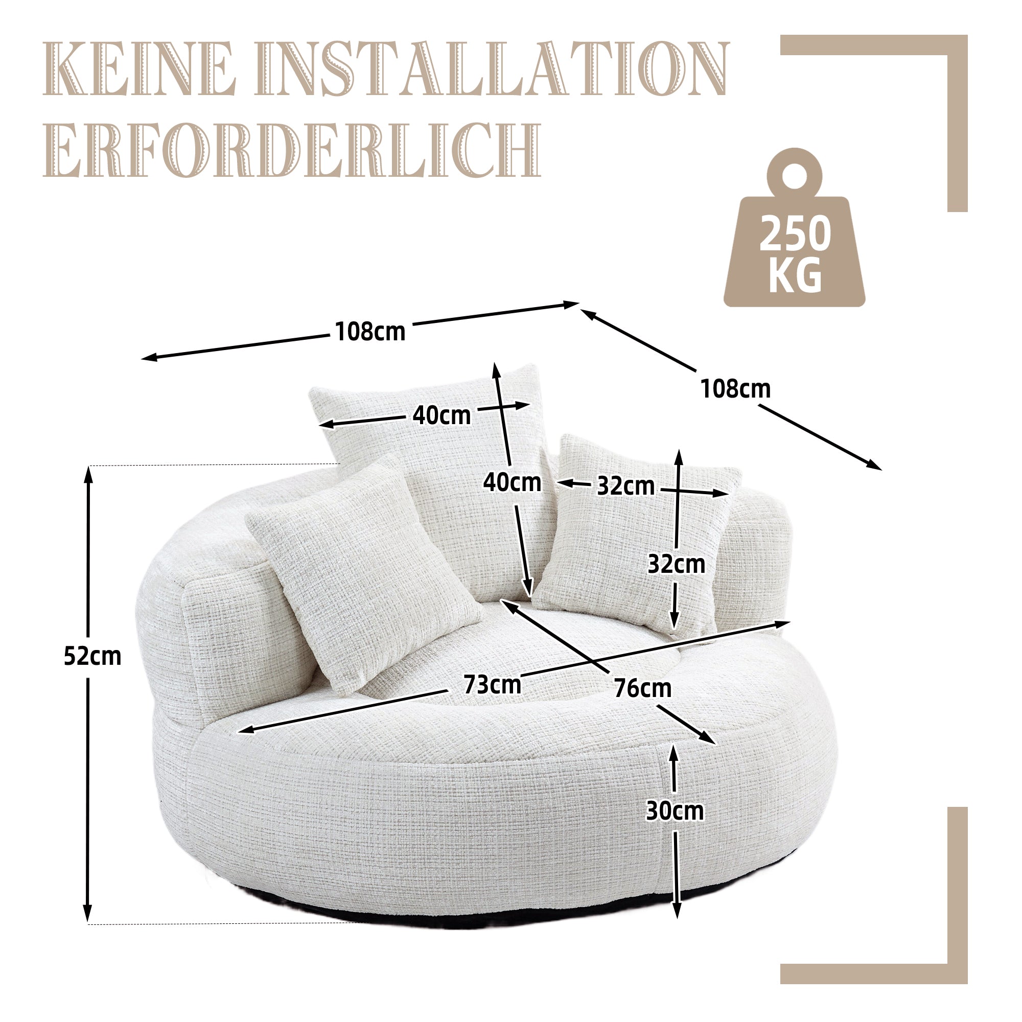 Lazy Sofa High Back Bean Bag Chair with Three Cushions, Indoor/Outdoor, Beige Chenille