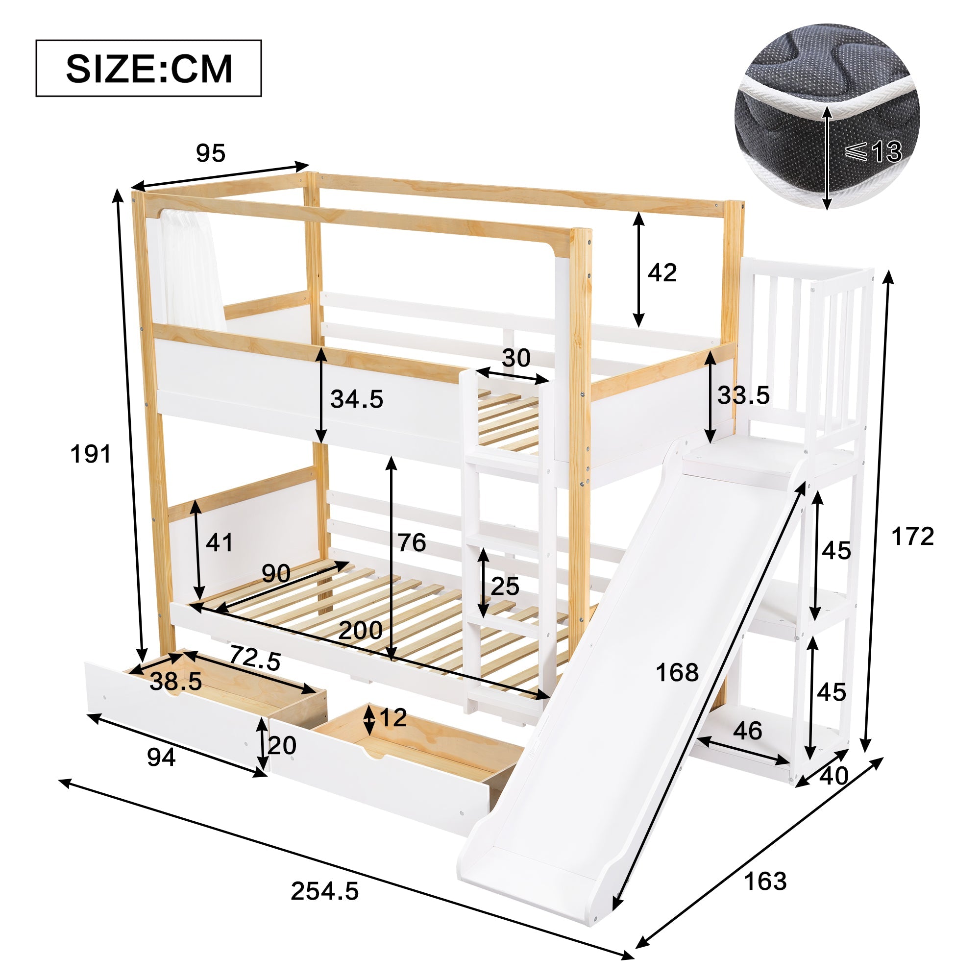 Bunk Bed, Children's with Drawers, Slide & Fabric Curtain, Pine, MDF, Plywood, White & Natural, 90x200cm