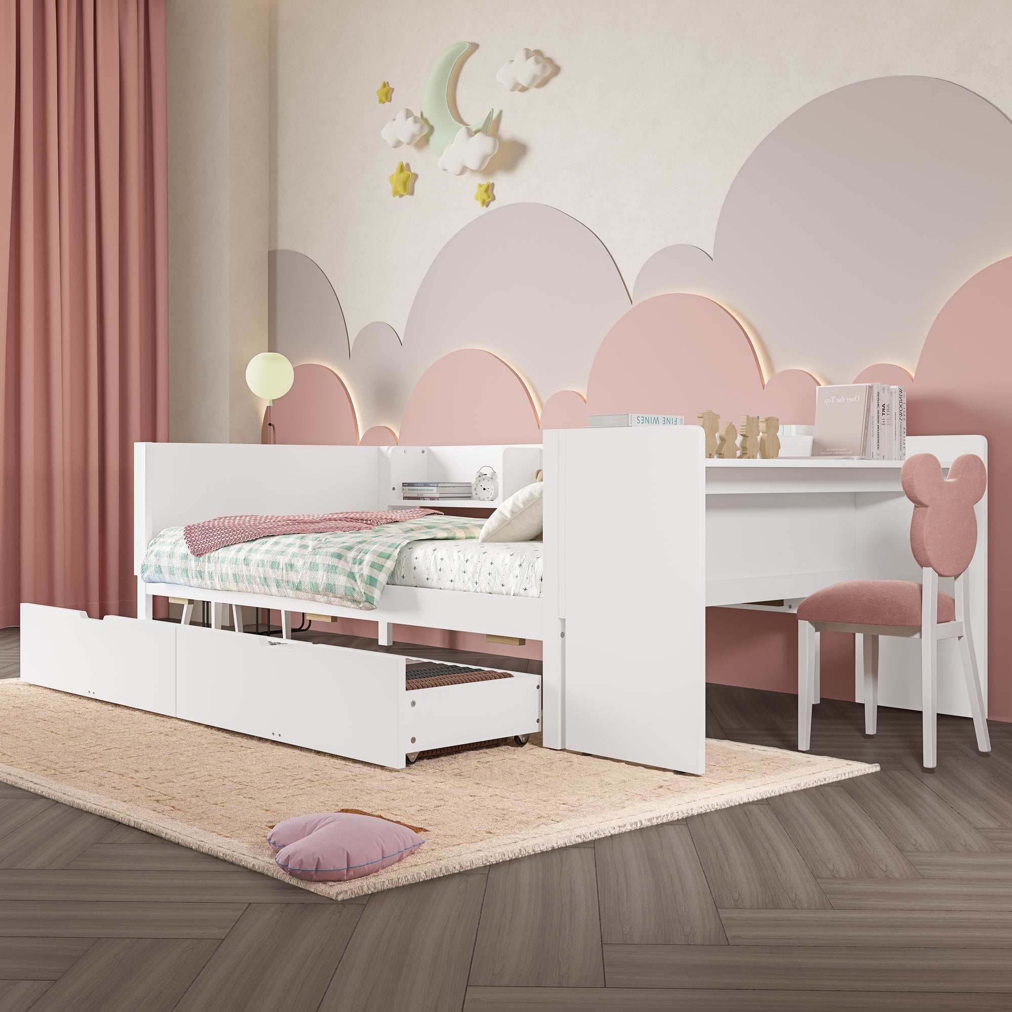 Single Bed 90x200cm Desk 2 Drawers Shelves - White Wood
